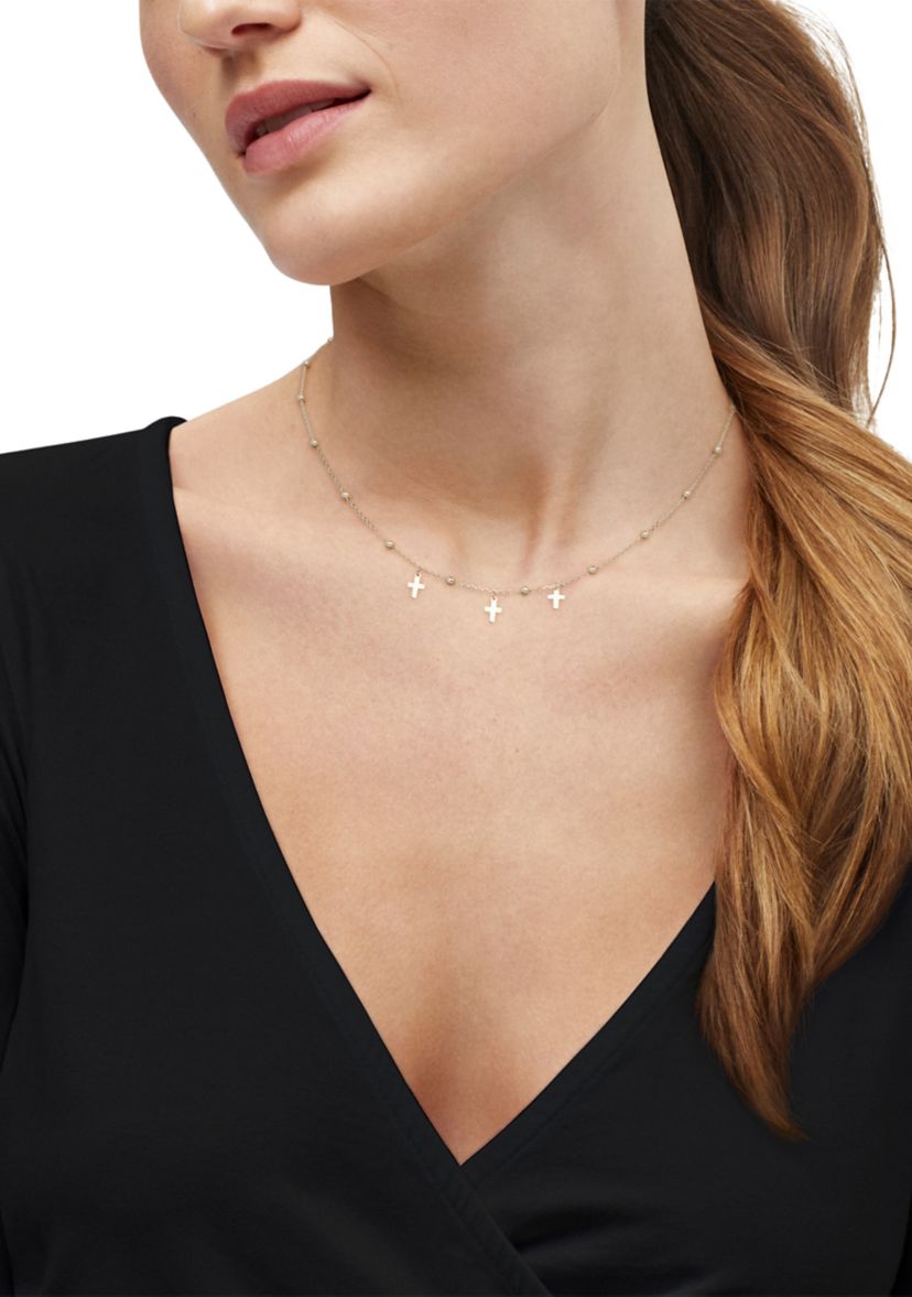 Bead and Cross Station Necklace in 10K Yellow Gold