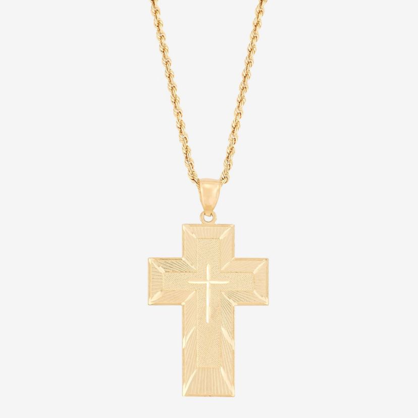 10K Yellow Gold Cross Drop with Prayer on Back Pendant Necklace