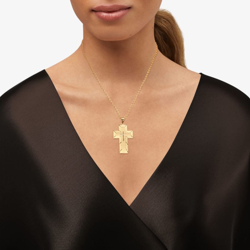 10K Yellow Gold Cross Drop with Prayer on Back Pendant Necklace