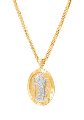 Belk & Co Christopher Medal Pendant Necklace with 22" Singapore Chain in 10K Two Tone Gold, 22 in