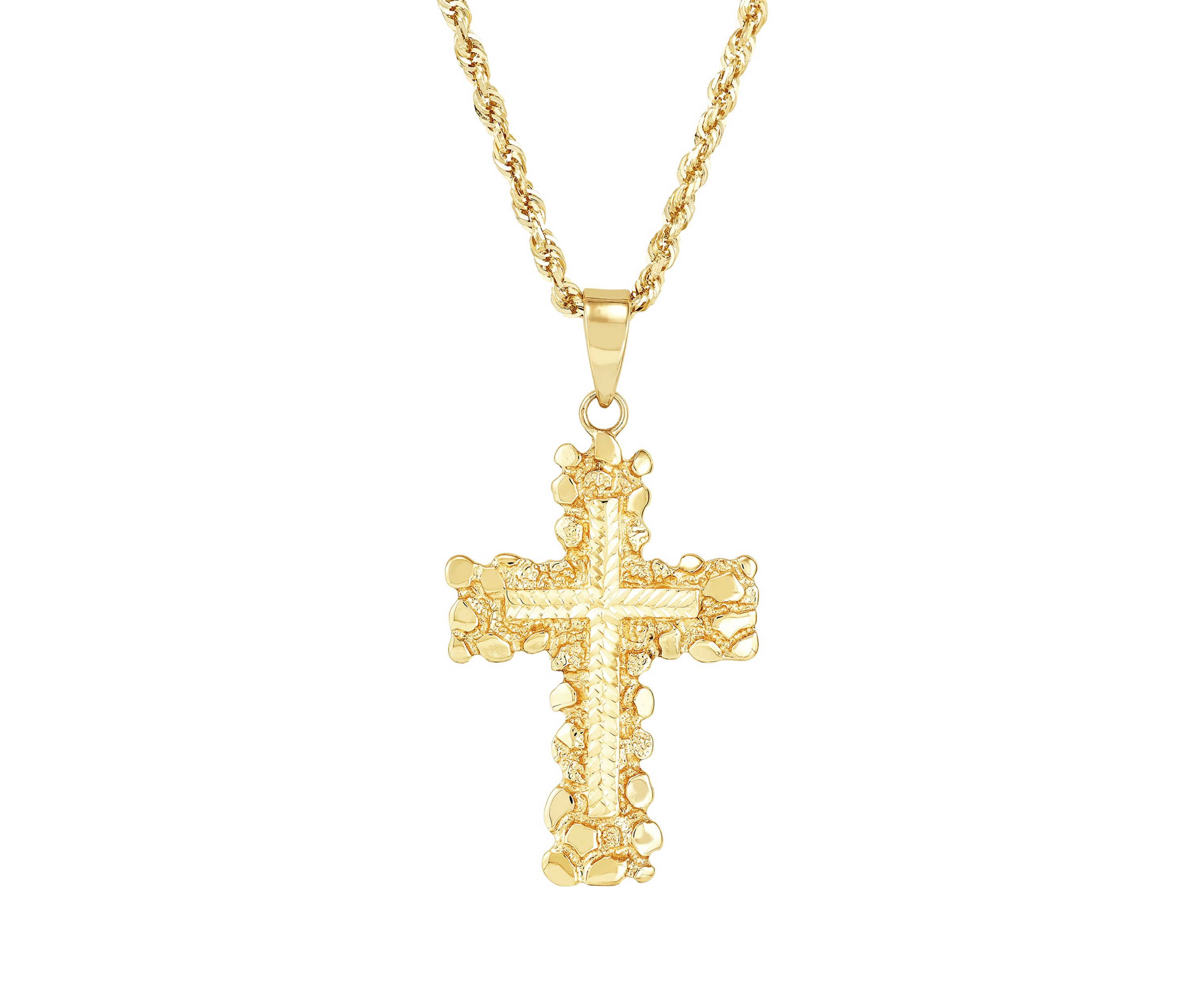 Nugget Cross Pendant Necklace with 22" Rope Chain in 10K Yellow Gold
