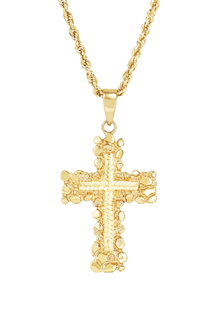 Nugget Cross Pendant Necklace with 22" Rope Chain in 10K Yellow Gold