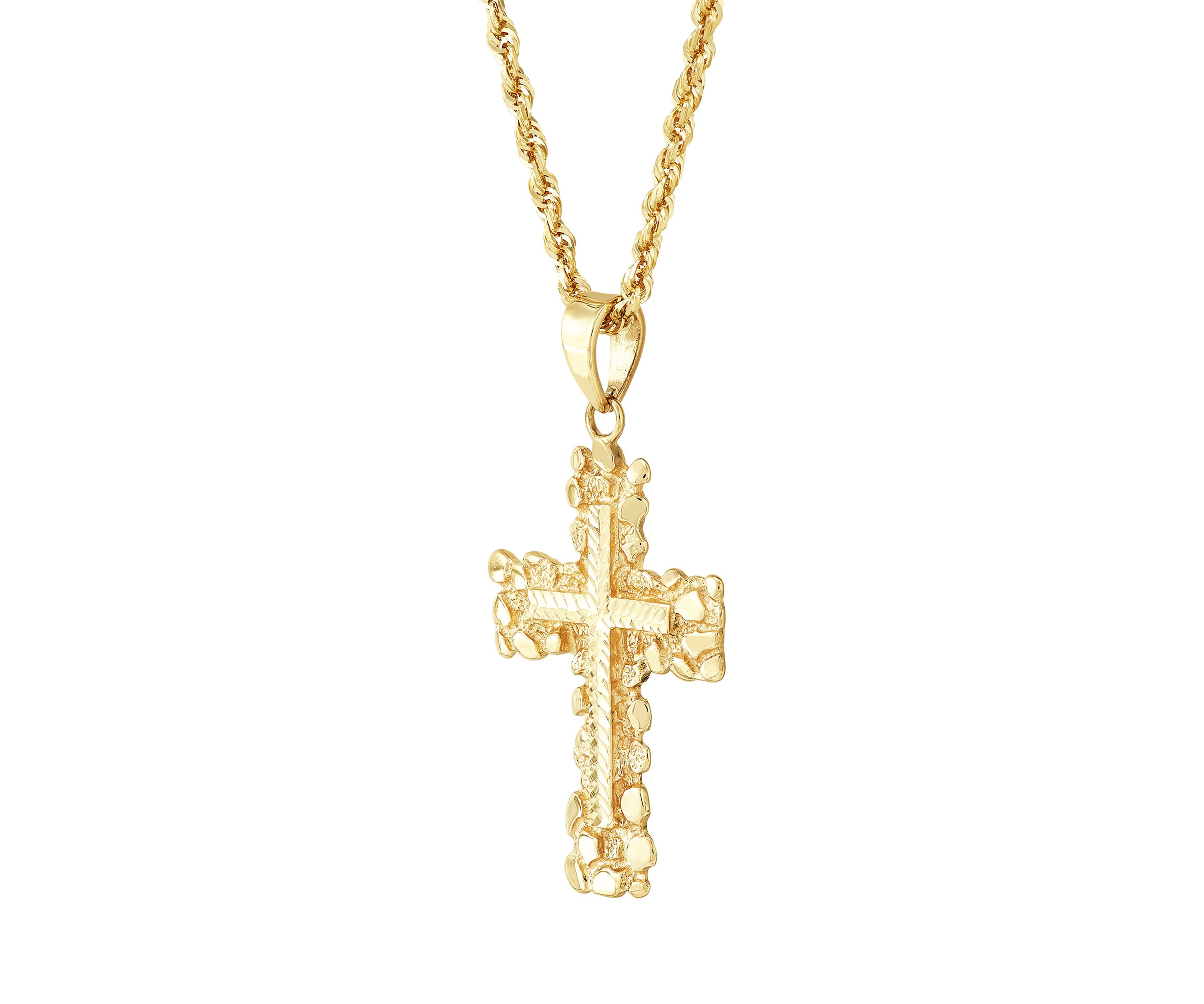 Nugget Cross Pendant Necklace with 22" Rope Chain in 10K Yellow Gold
