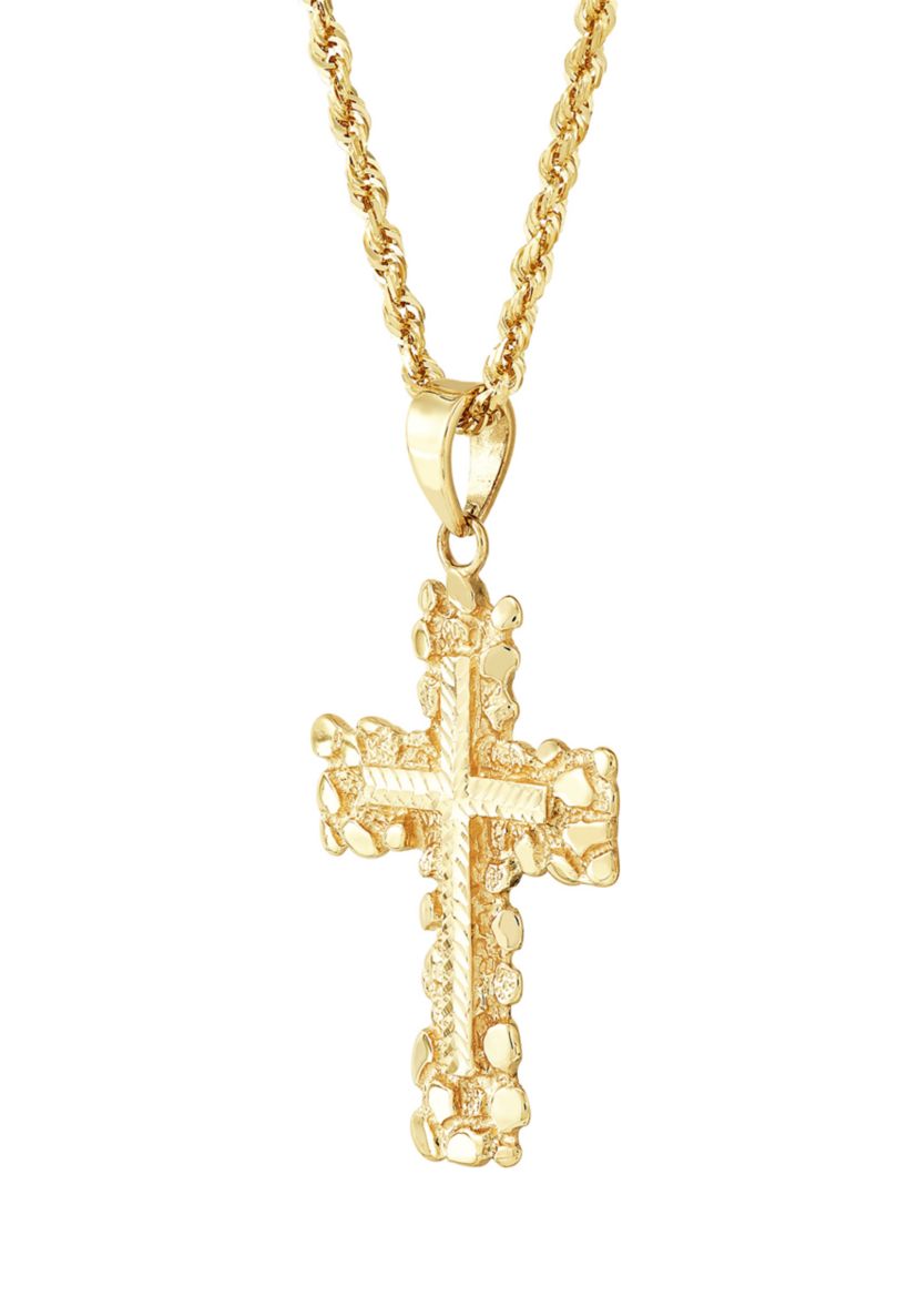 Nugget Cross Pendant Necklace with 22" Rope Chain in 10K Yellow Gold