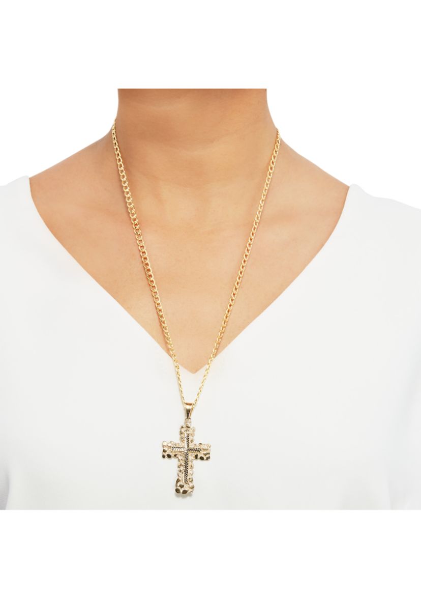 Nugget Cross Pendant Necklace with 22" Rope Chain in 10K Yellow Gold