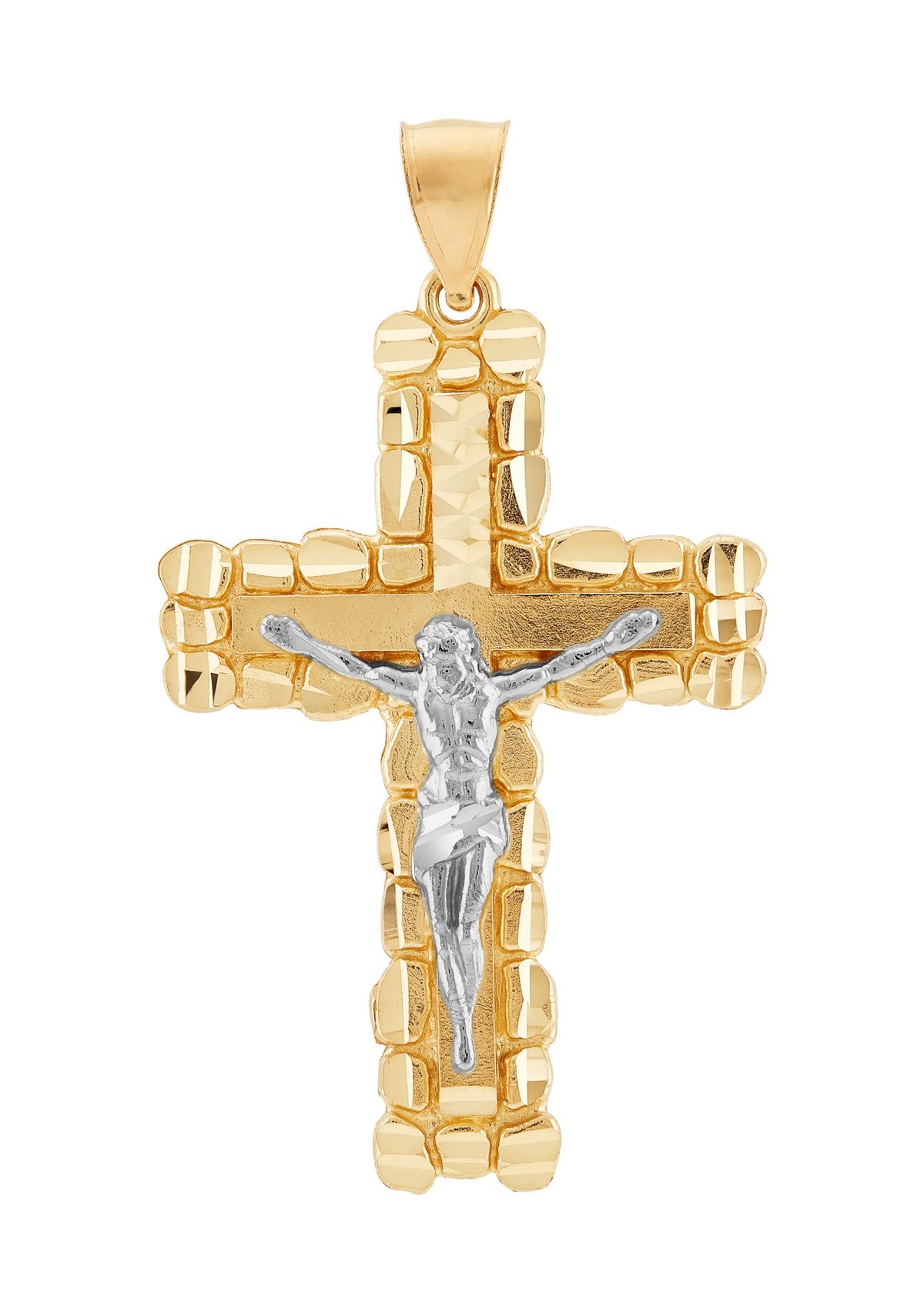 Gents Nugget Crucifix and Cross Pendant in 10K Two Tone Gold