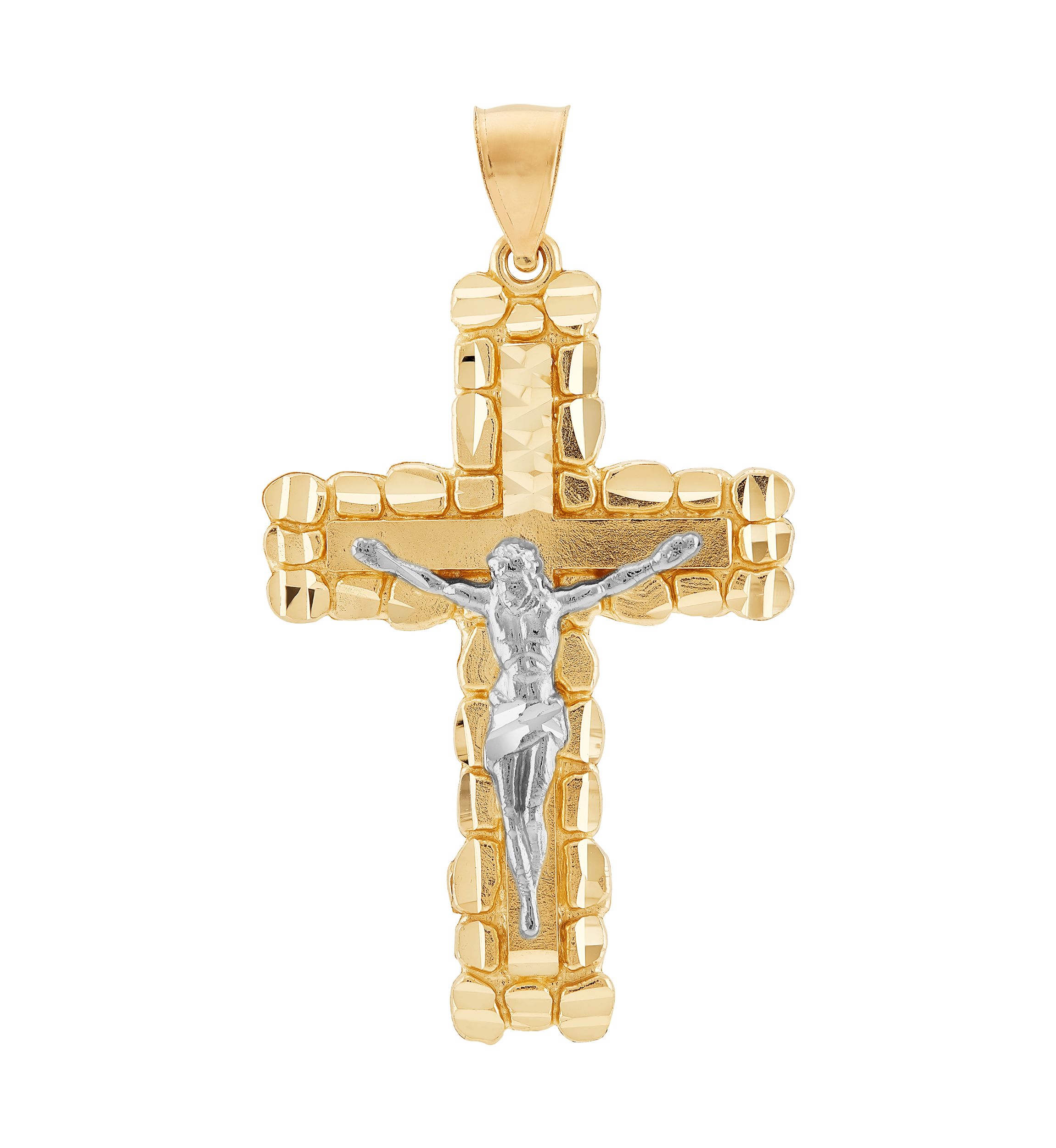 Gents Nugget Crucifix and Cross Pendant in 10K Two Tone Gold
