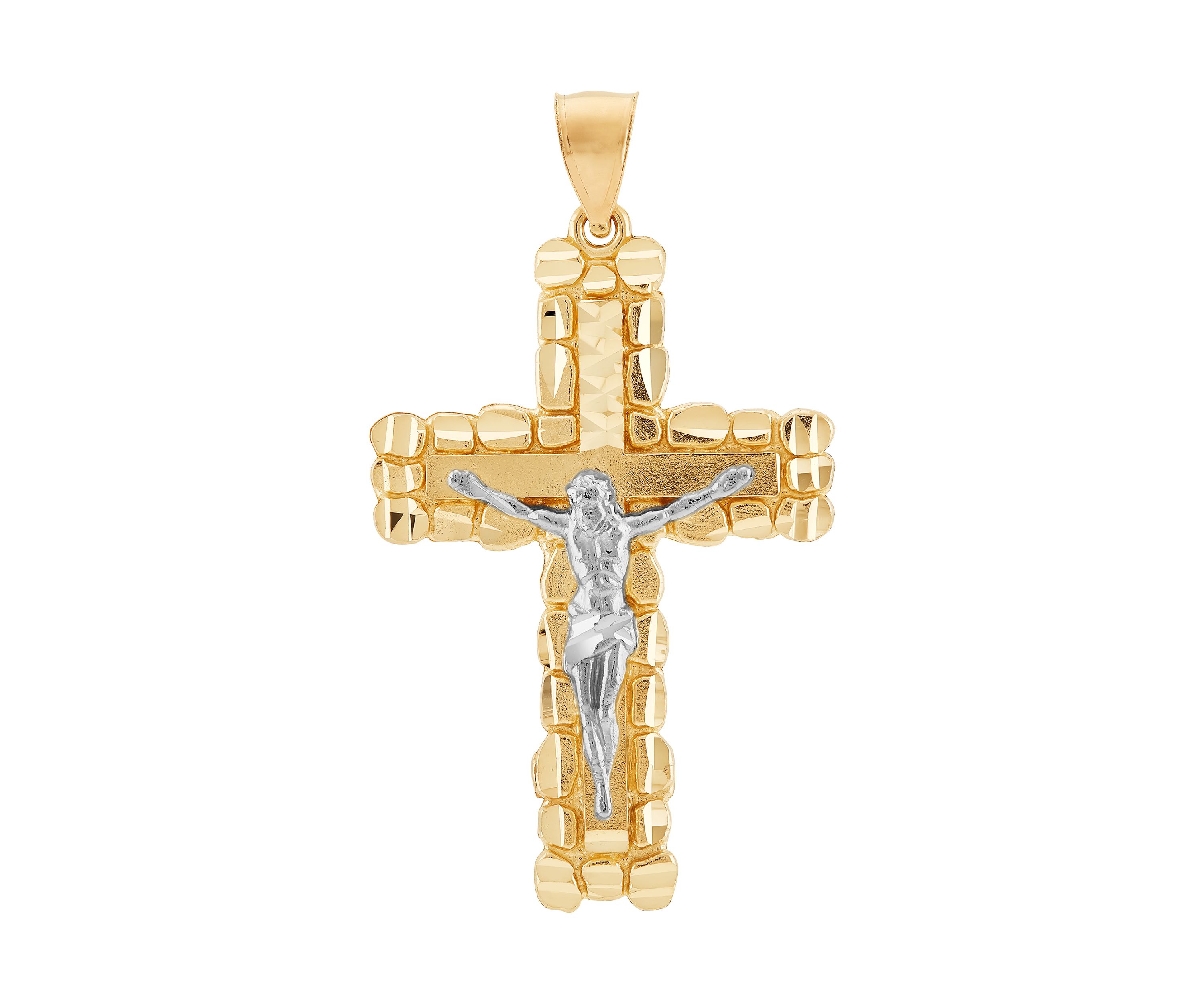 Gents Nugget Crucifix and Cross Pendant in 10K Two Tone Gold