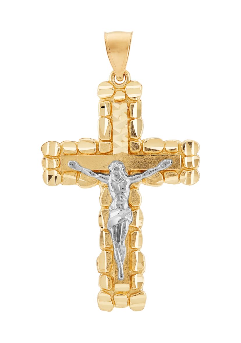 Gents Nugget Crucifix and Cross Pendant in 10K Two Tone Gold