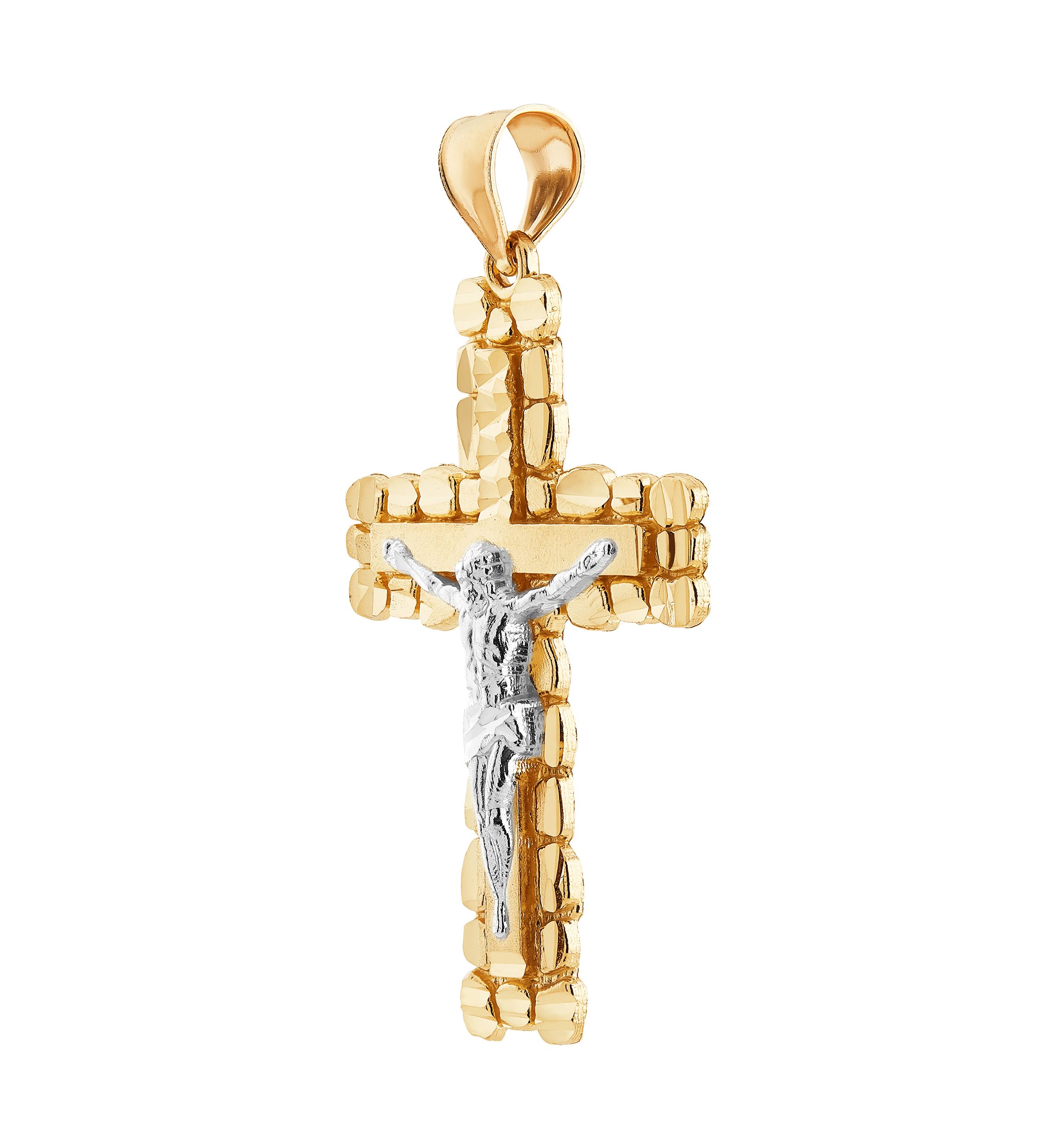 Gents Nugget Crucifix and Cross Pendant in 10K Two Tone Gold