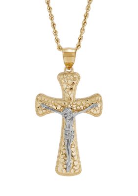 Belk & Co Nugget Crucifix and Cross Pendant Necklace with 24" Rope Chain in 10K Yellow and White Gold