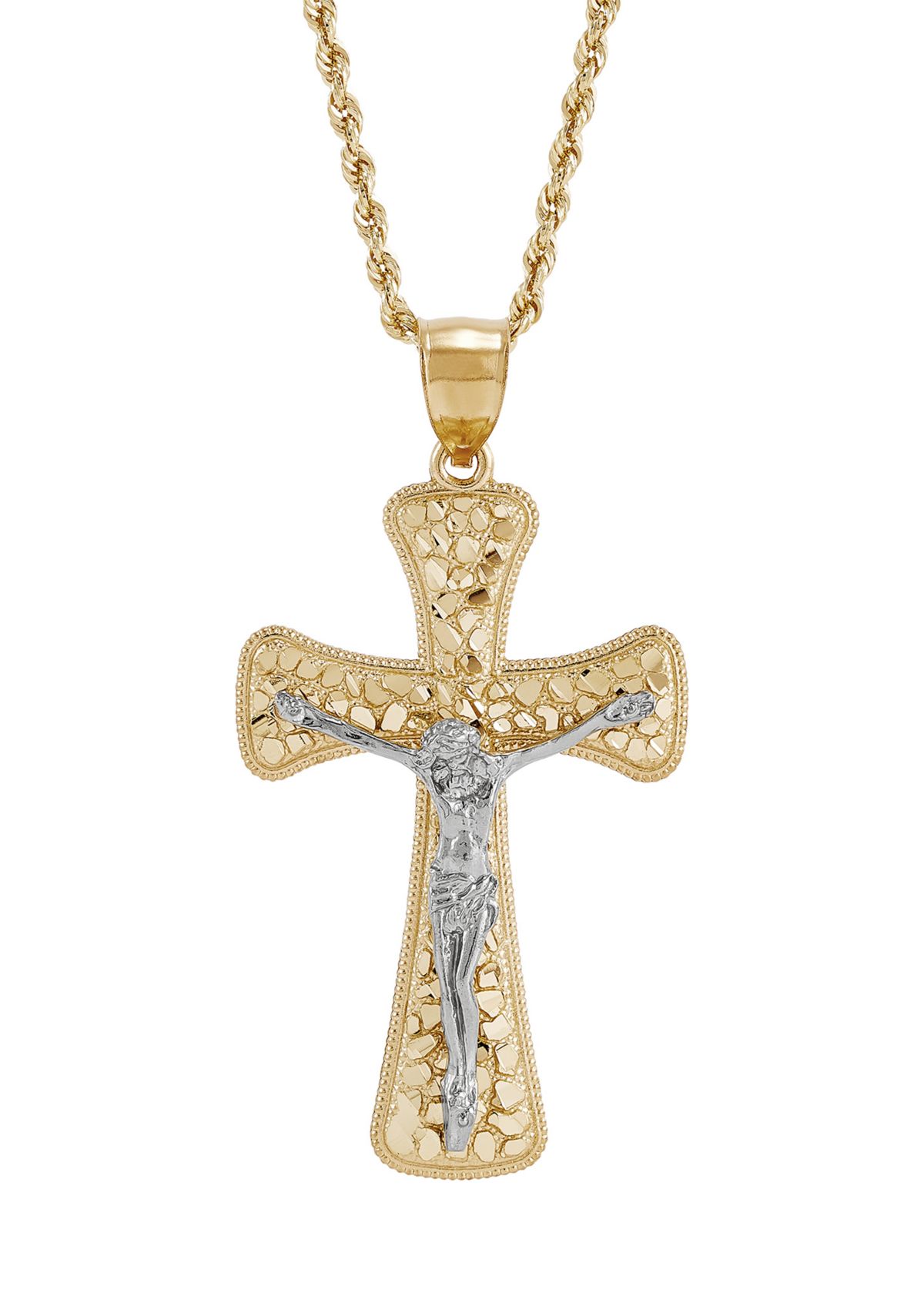 Nugget Crucifix and Cross Pendant Necklace with 24" Rope Chain in 10K Yellow and White Gold