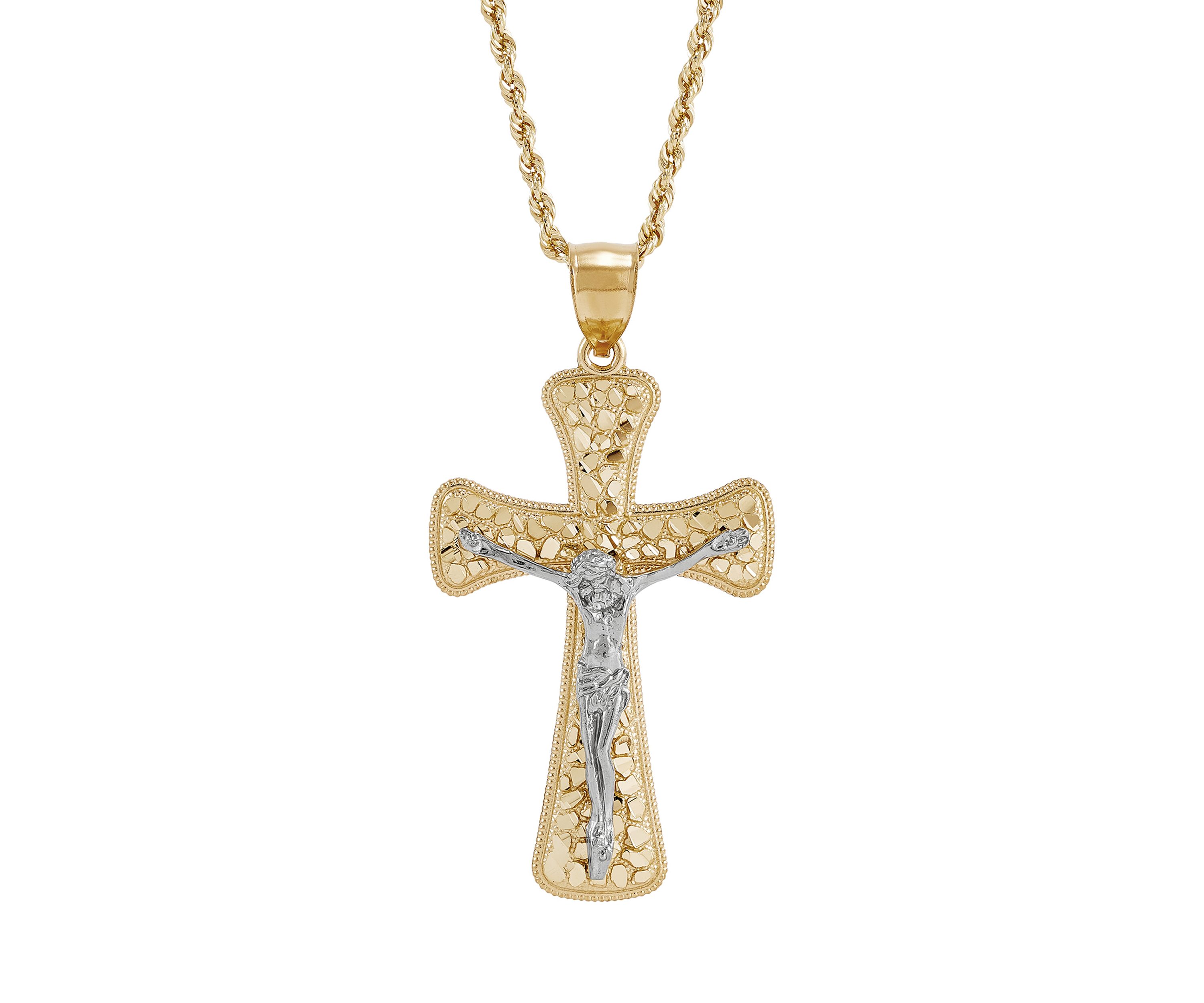 Nugget Crucifix and Cross Pendant Necklace with 24" Rope Chain in 10K Yellow and White Gold