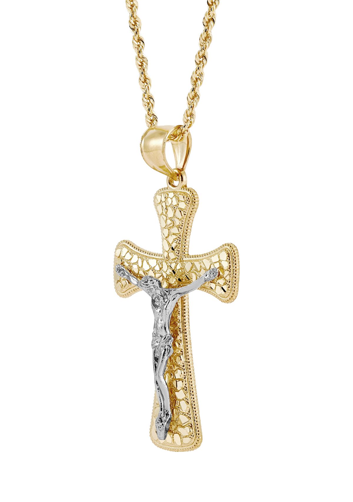 Nugget Crucifix and Cross Pendant Necklace with 24" Rope Chain in 10K Yellow and White Gold