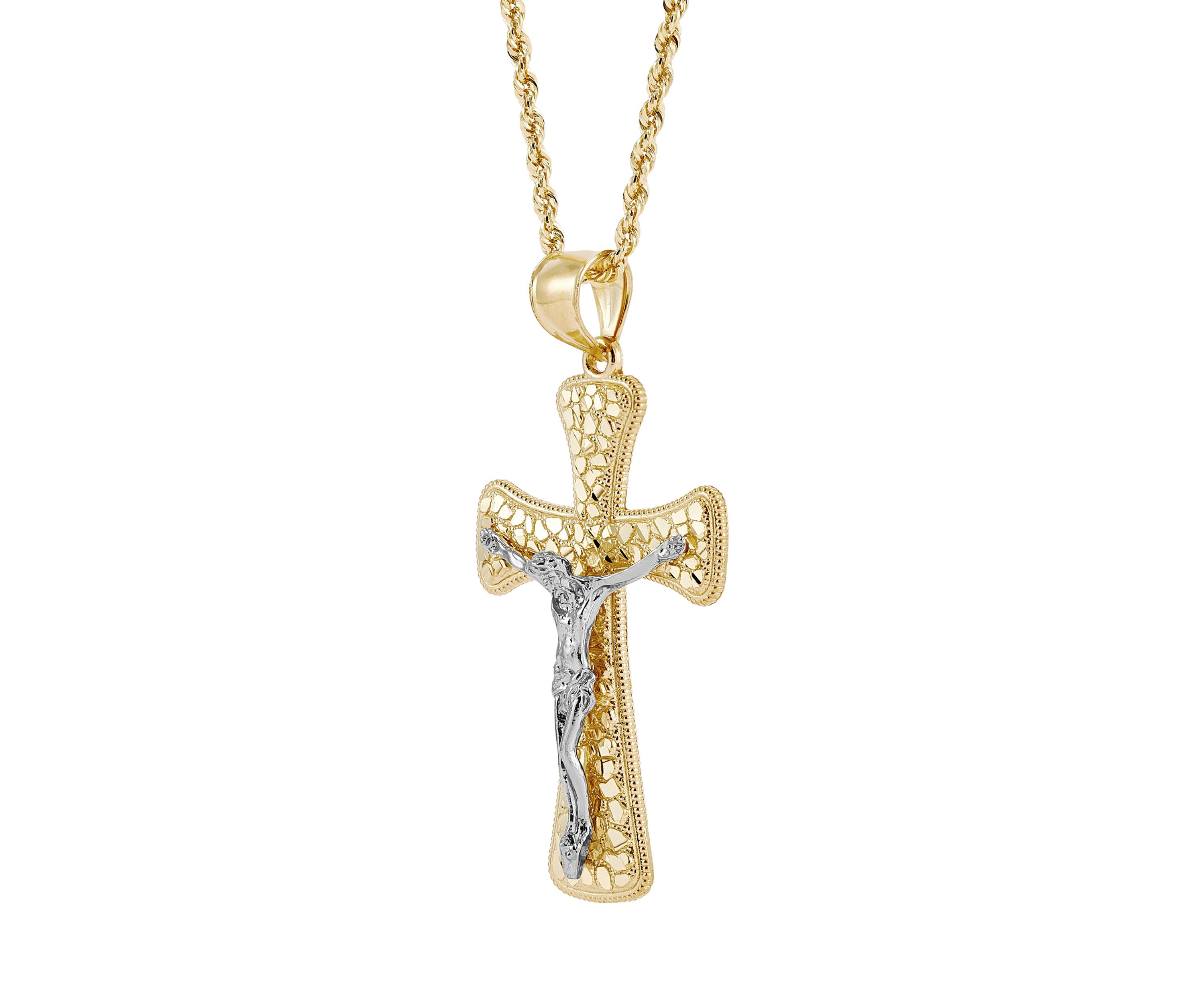 Nugget Crucifix and Cross Pendant Necklace with 24" Rope Chain in 10K Yellow and White Gold