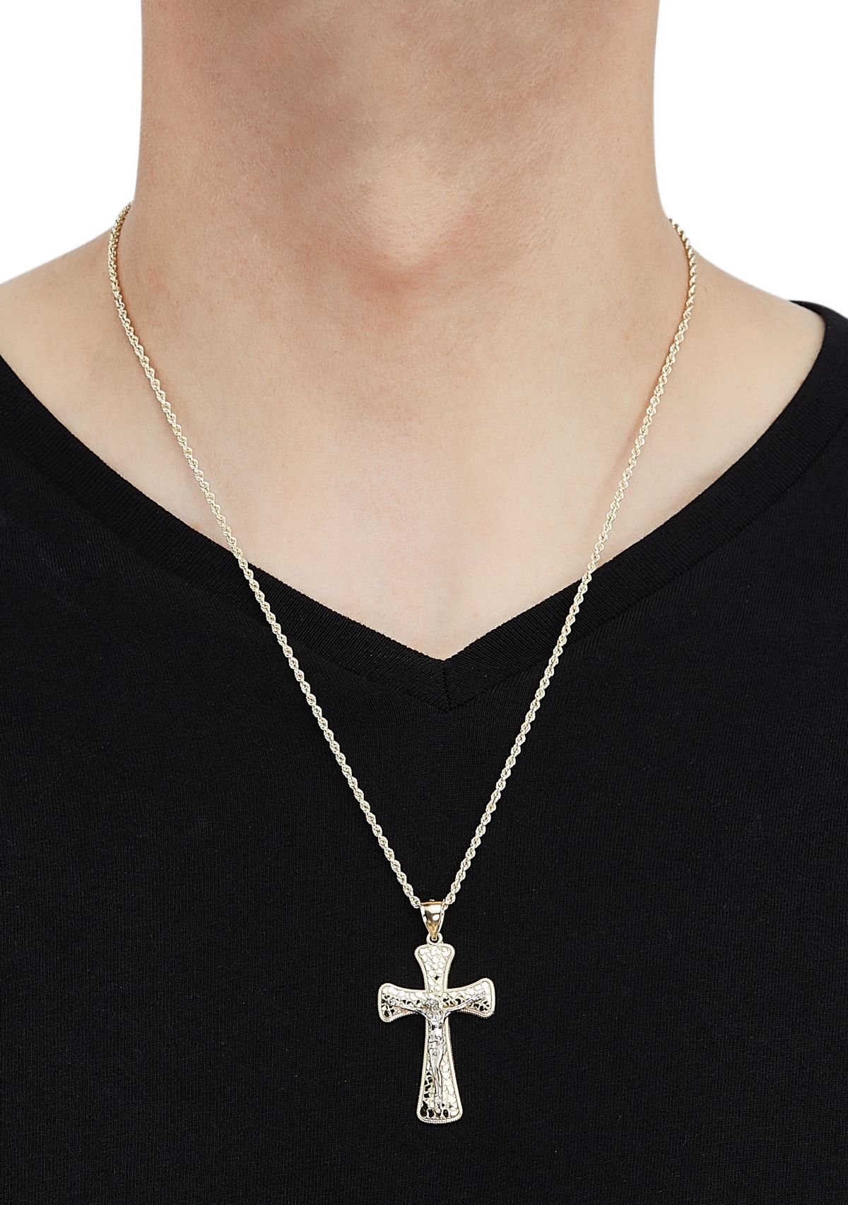 Nugget Crucifix and Cross Pendant Necklace with 24" Rope Chain in 10K Yellow and White Gold