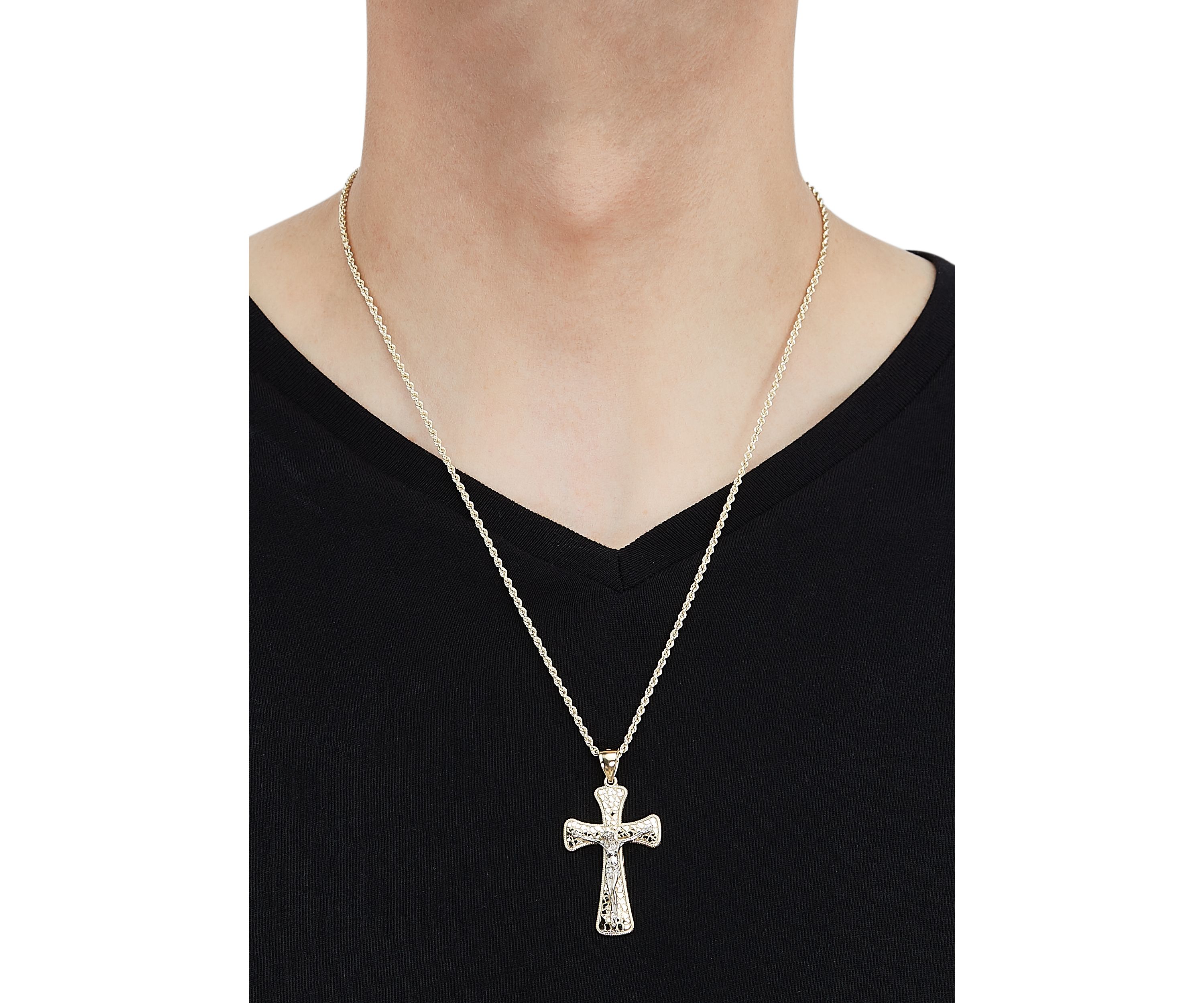Nugget Crucifix and Cross Pendant Necklace with 24" Rope Chain in 10K Yellow and White Gold