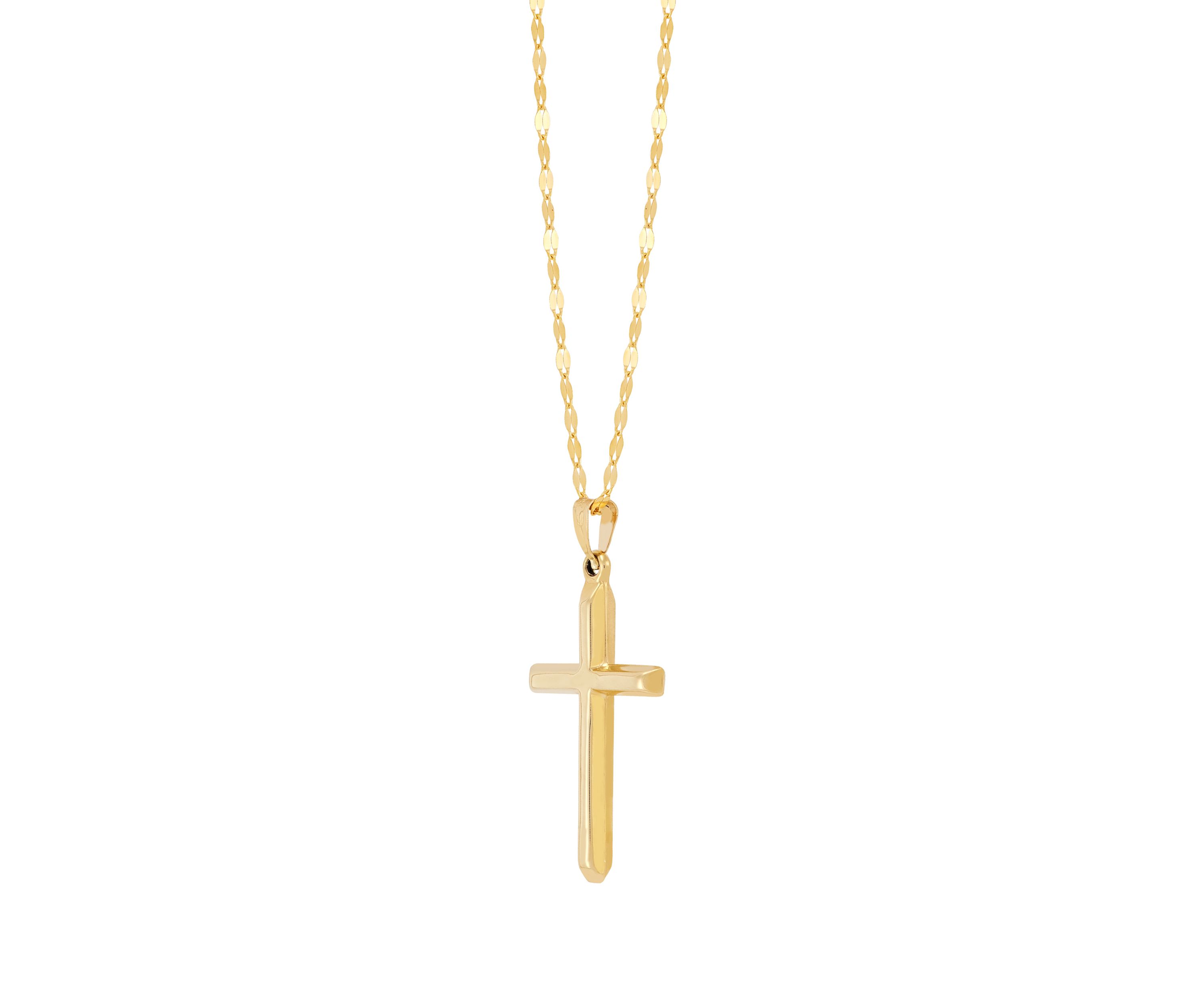 Beveled Edge Cross Pendant with 18" Solid Mirror Twist Chain in 10K Yellow Gold