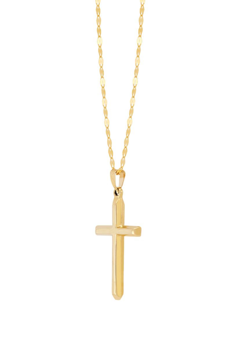 Beveled Edge Cross Pendant with 18" Solid Mirror Twist Chain in 10K Yellow Gold