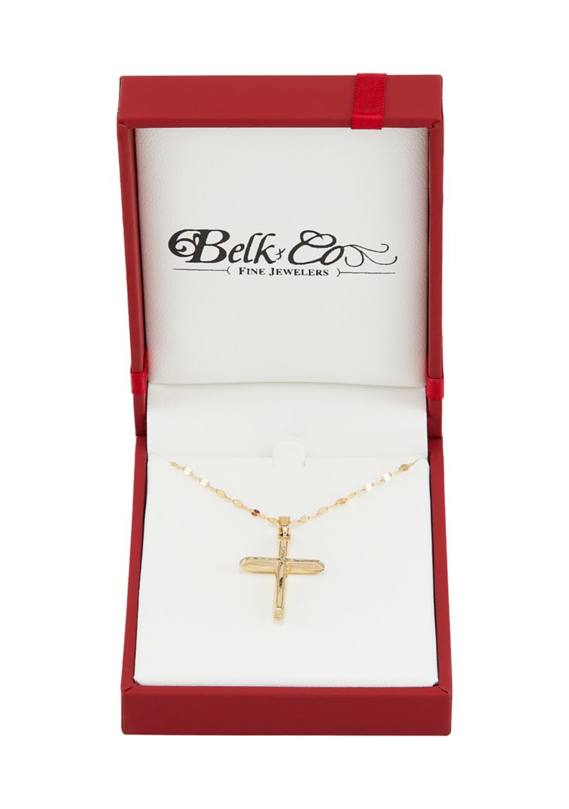 Beveled Edge Cross Pendant with 18" Solid Mirror Twist Chain in 10K Yellow Gold