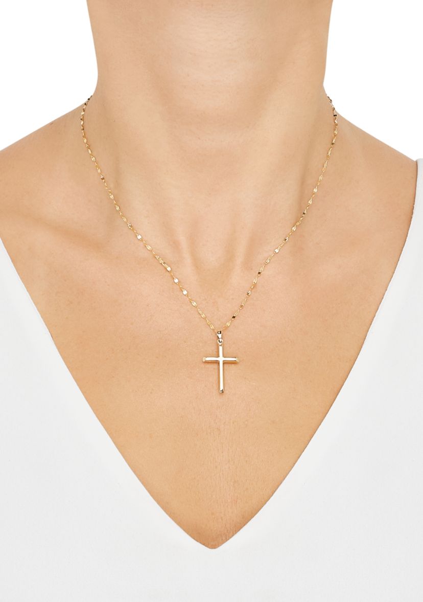 Beveled Edge Cross Pendant with 18" Solid Mirror Twist Chain in 10K Yellow Gold