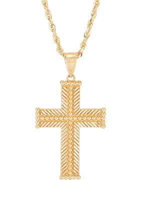 Belk & Co Men's Beaded Cross Pendant with 20" Rope Chain Necklace in 10K Yellow Gold, 20 in