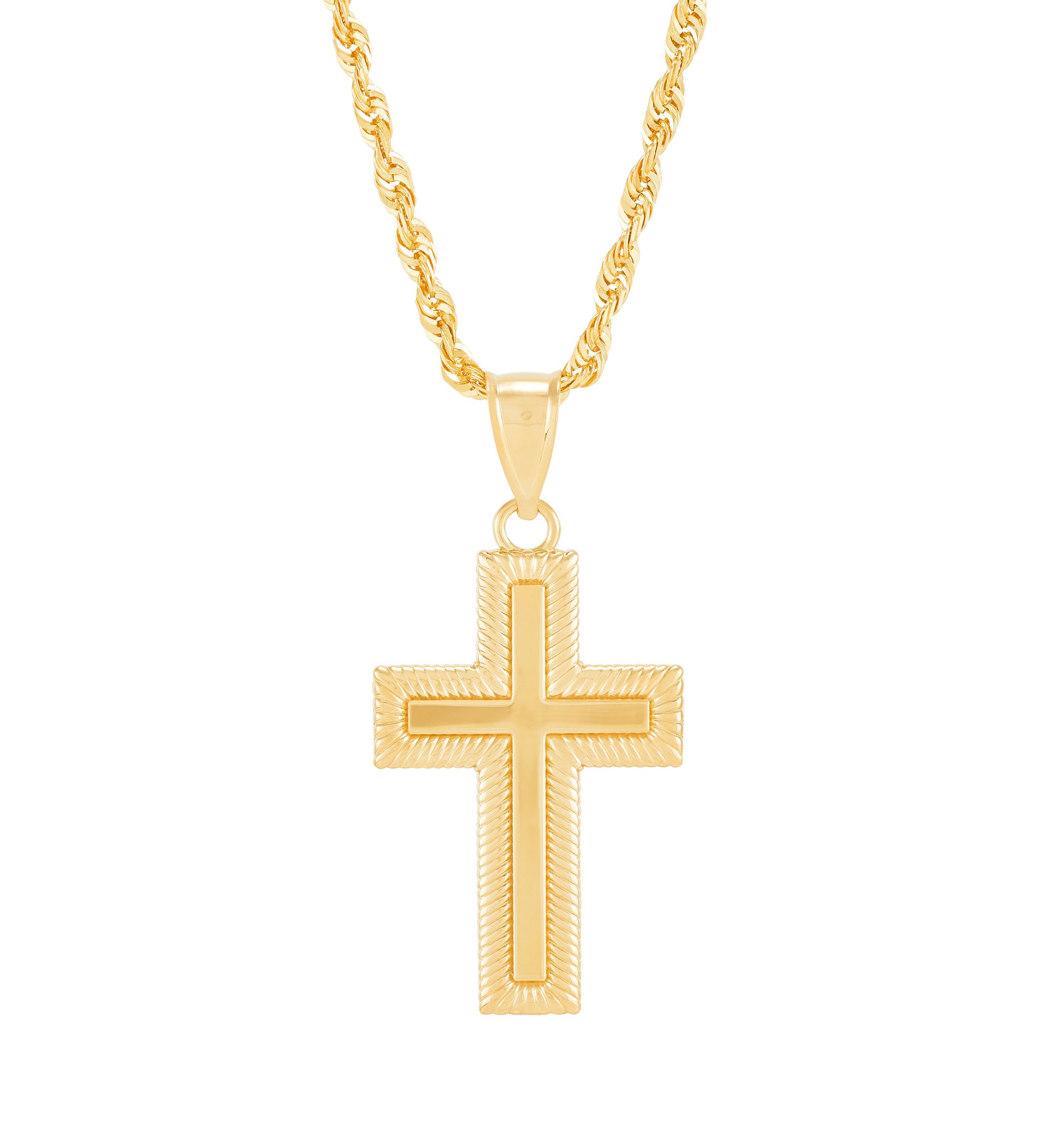 Texture Cross Pendant Necklace with 20" Rope Chain in 10K Yellow Gold