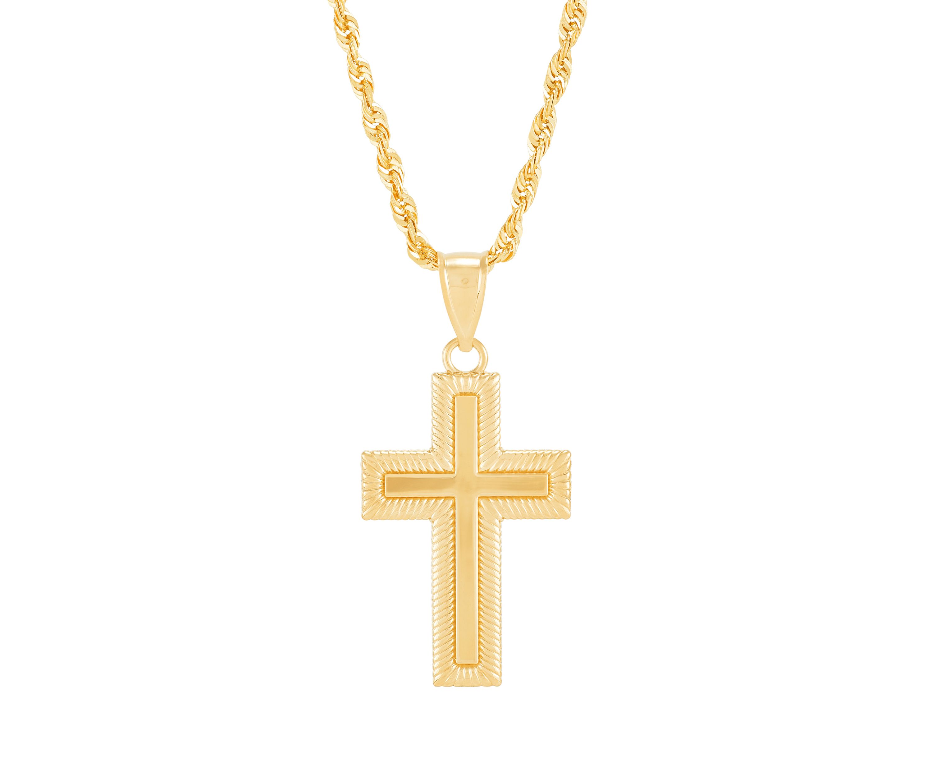 Texture Cross Pendant Necklace with 20" Rope Chain in 10K Yellow Gold
