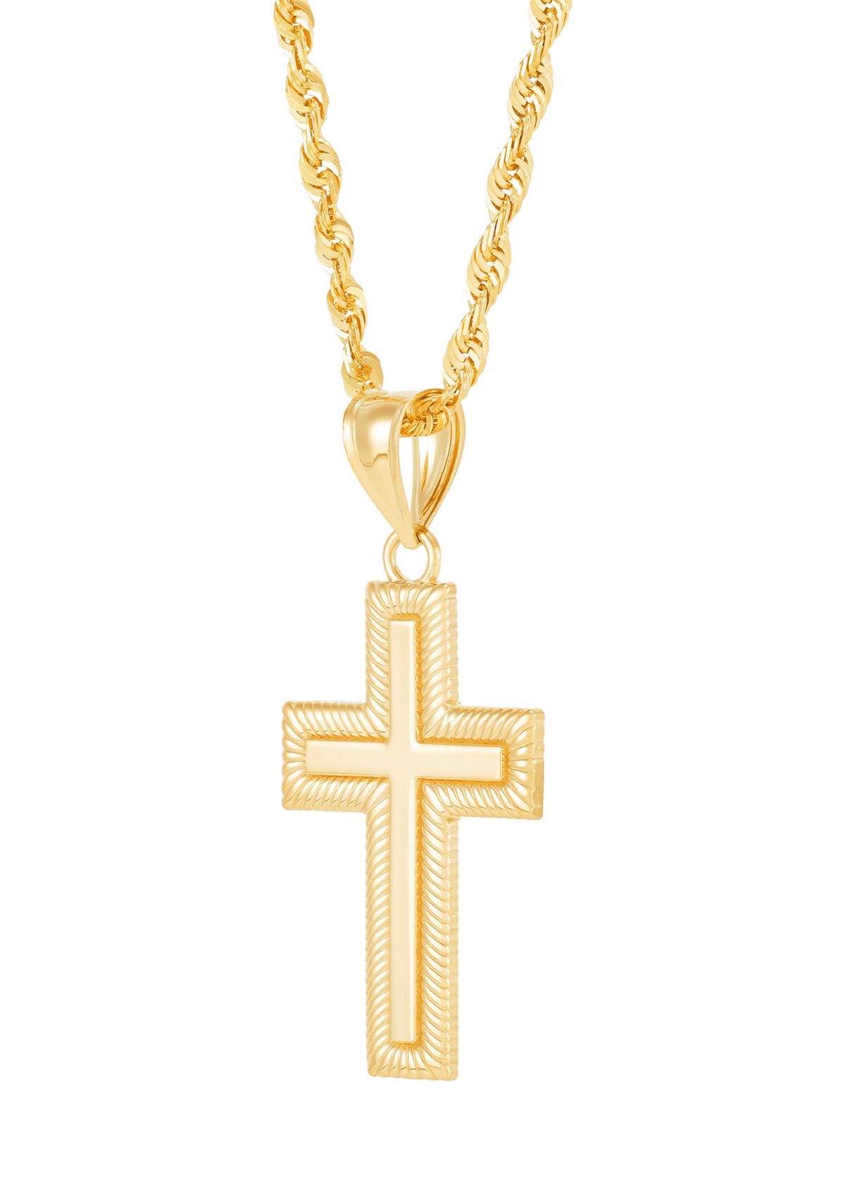 Texture Cross Pendant Necklace with 20" Rope Chain in 10K Yellow Gold