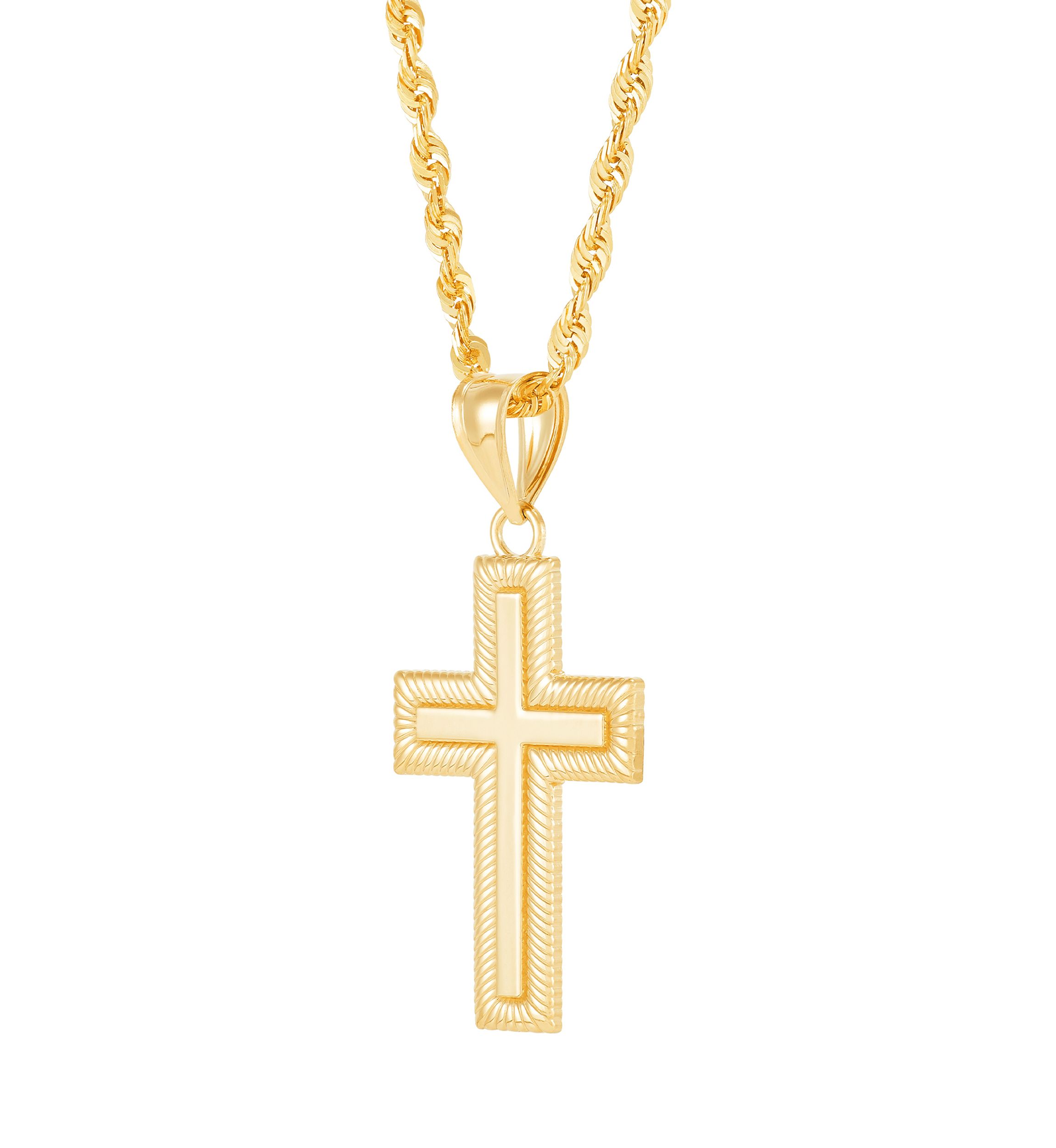 Texture Cross Pendant Necklace with 20" Rope Chain in 10K Yellow Gold