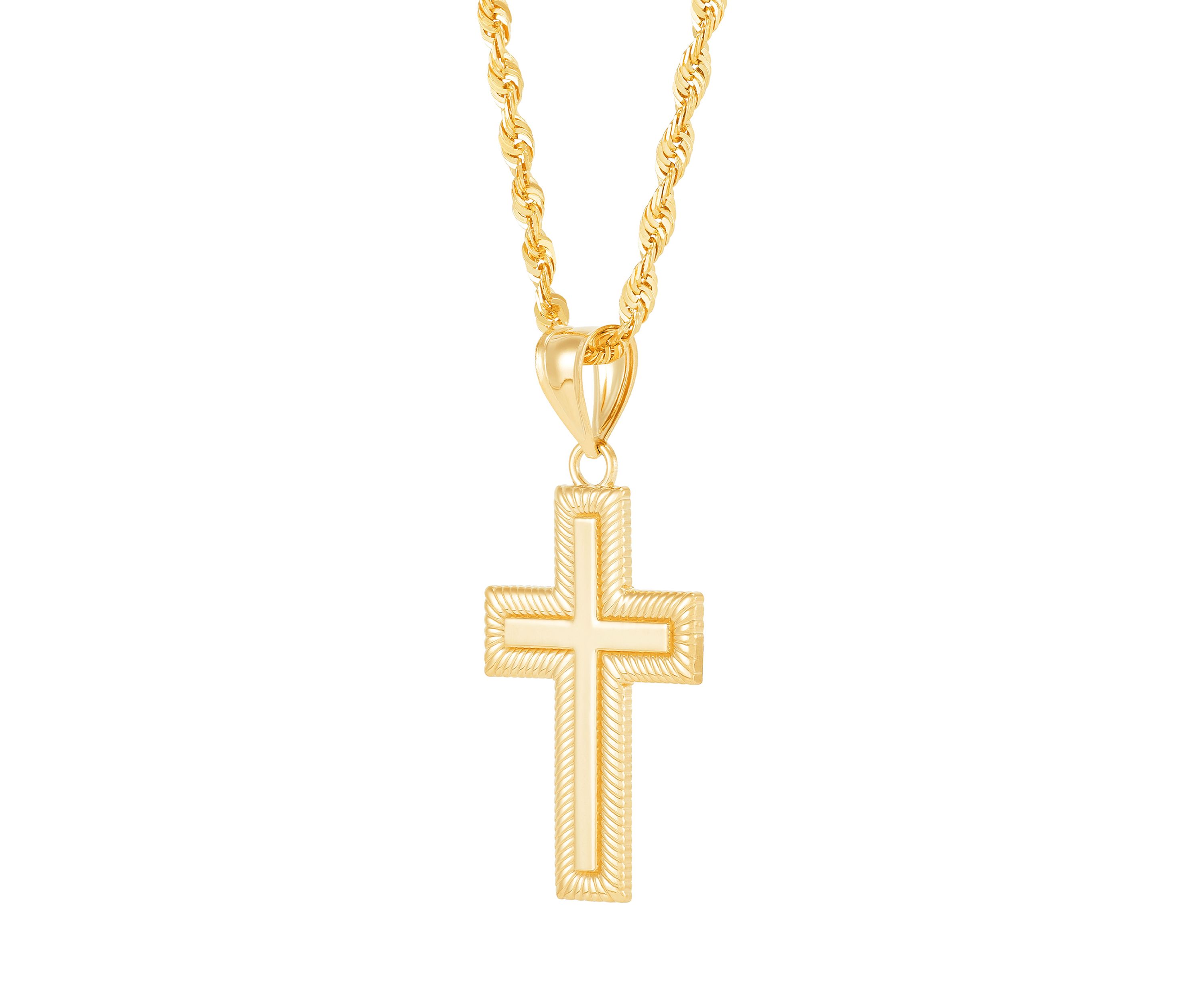 Texture Cross Pendant Necklace with 20" Rope Chain in 10K Yellow Gold