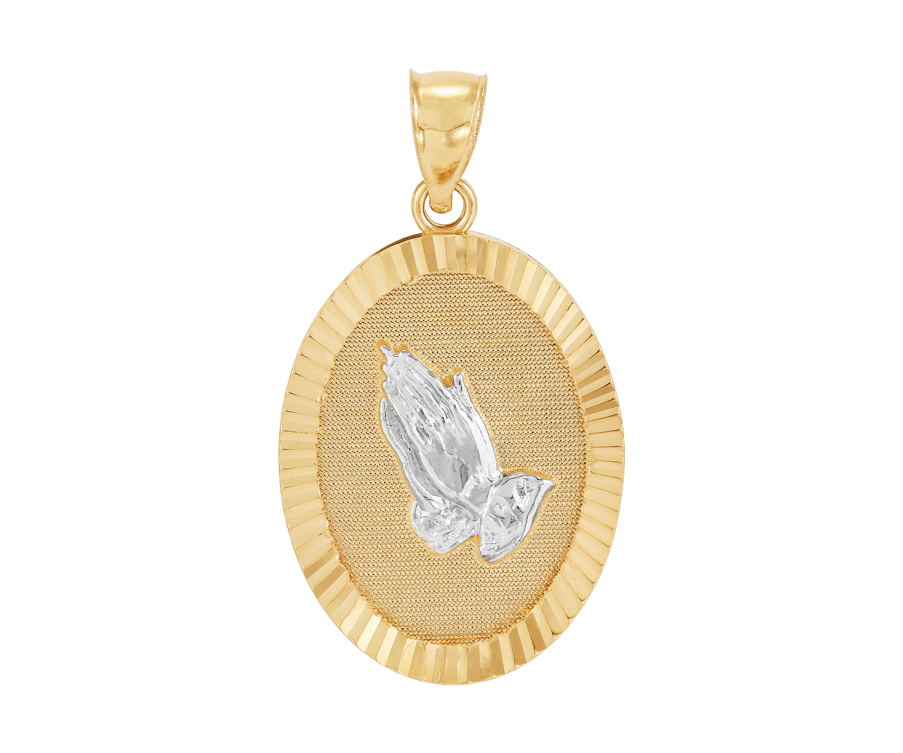 Oval Praying Hand Medal Pendant in 10K Two Tone Gold