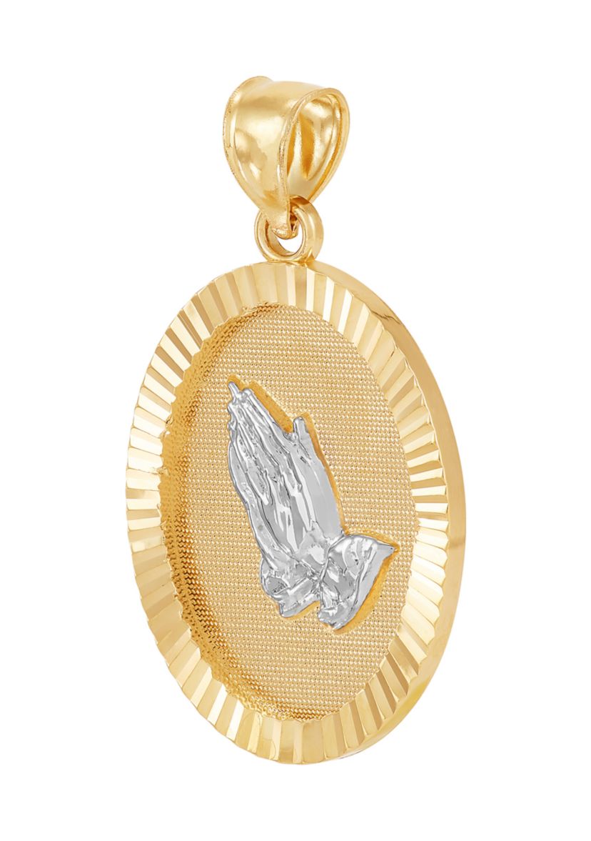 Oval Praying Hand Medal Pendant in 10K Two Tone Gold
