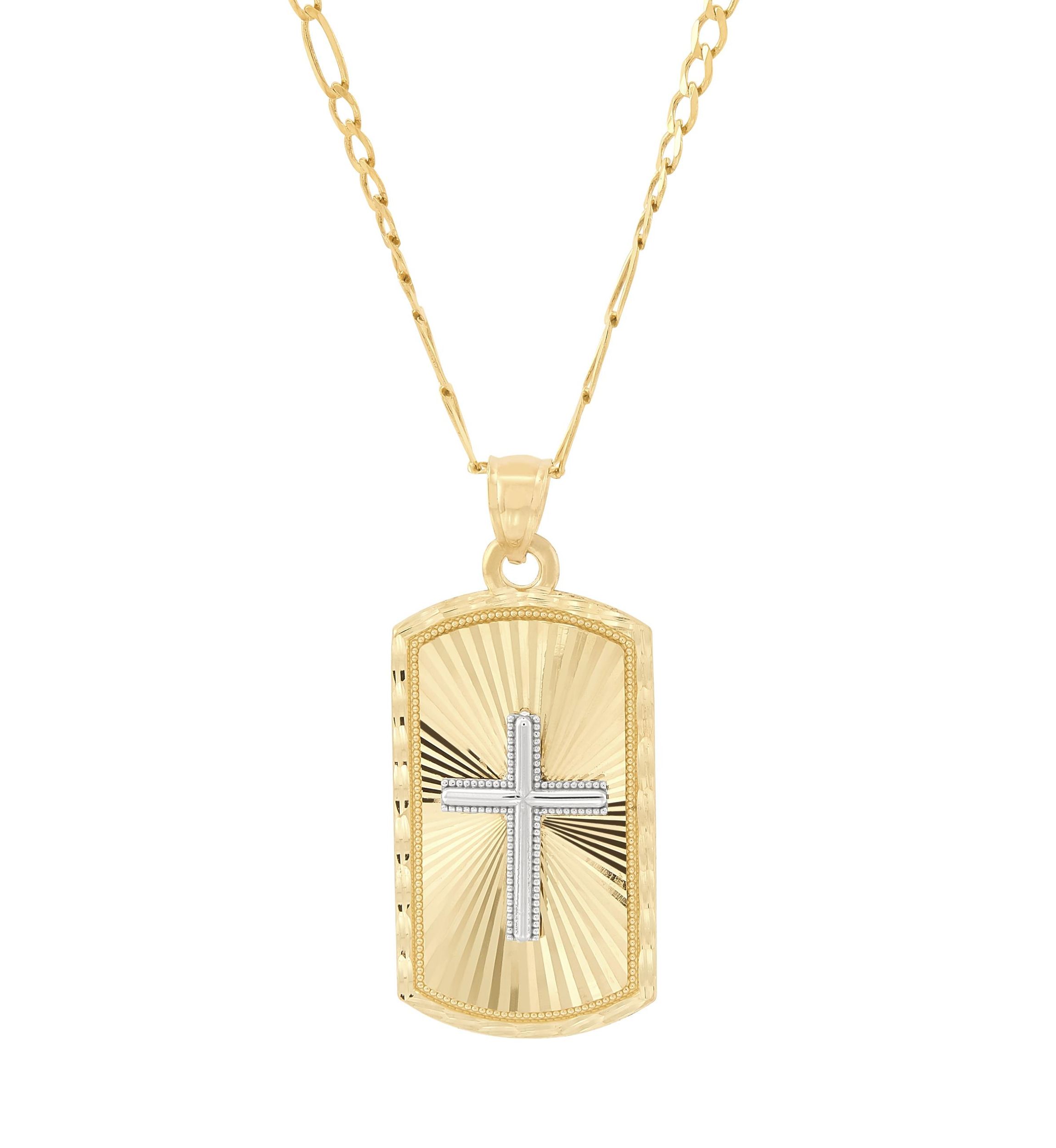 Center Cross Dog Tag with 20" Curb Chain in 10K Two Tone Gold