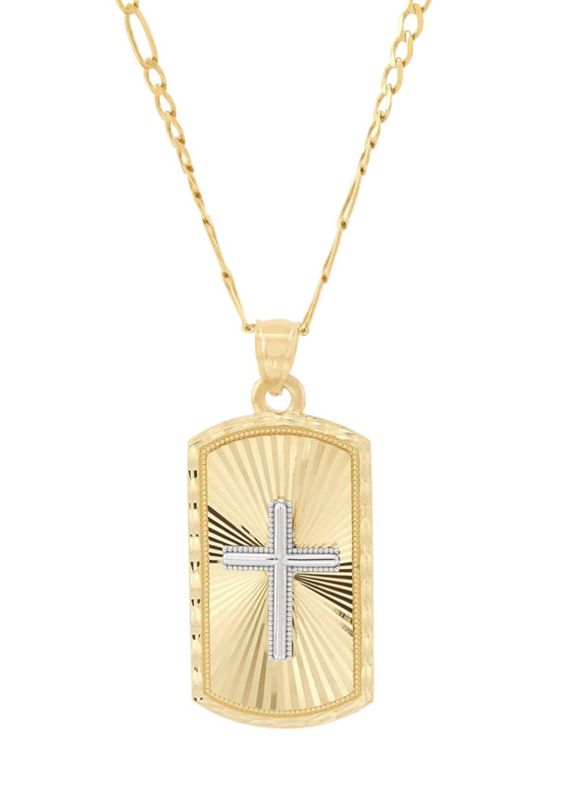 Center Cross Dog Tag with 20" Curb Chain in 10K Two Tone Gold