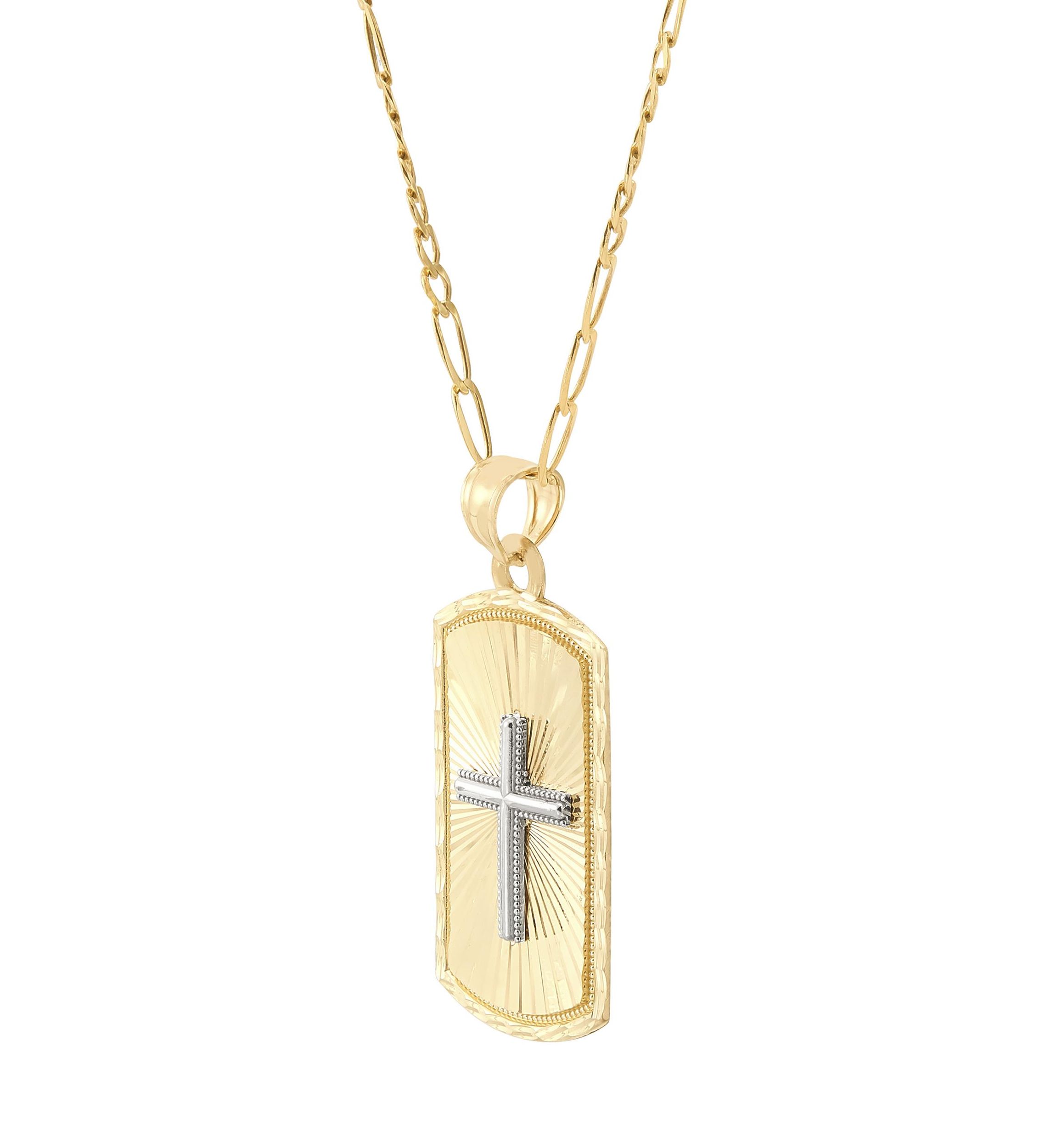 Center Cross Dog Tag with 20" Curb Chain in 10K Two Tone Gold