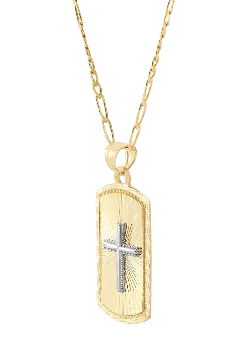Center Cross Dog Tag with 20" Curb Chain in 10K Two Tone Gold