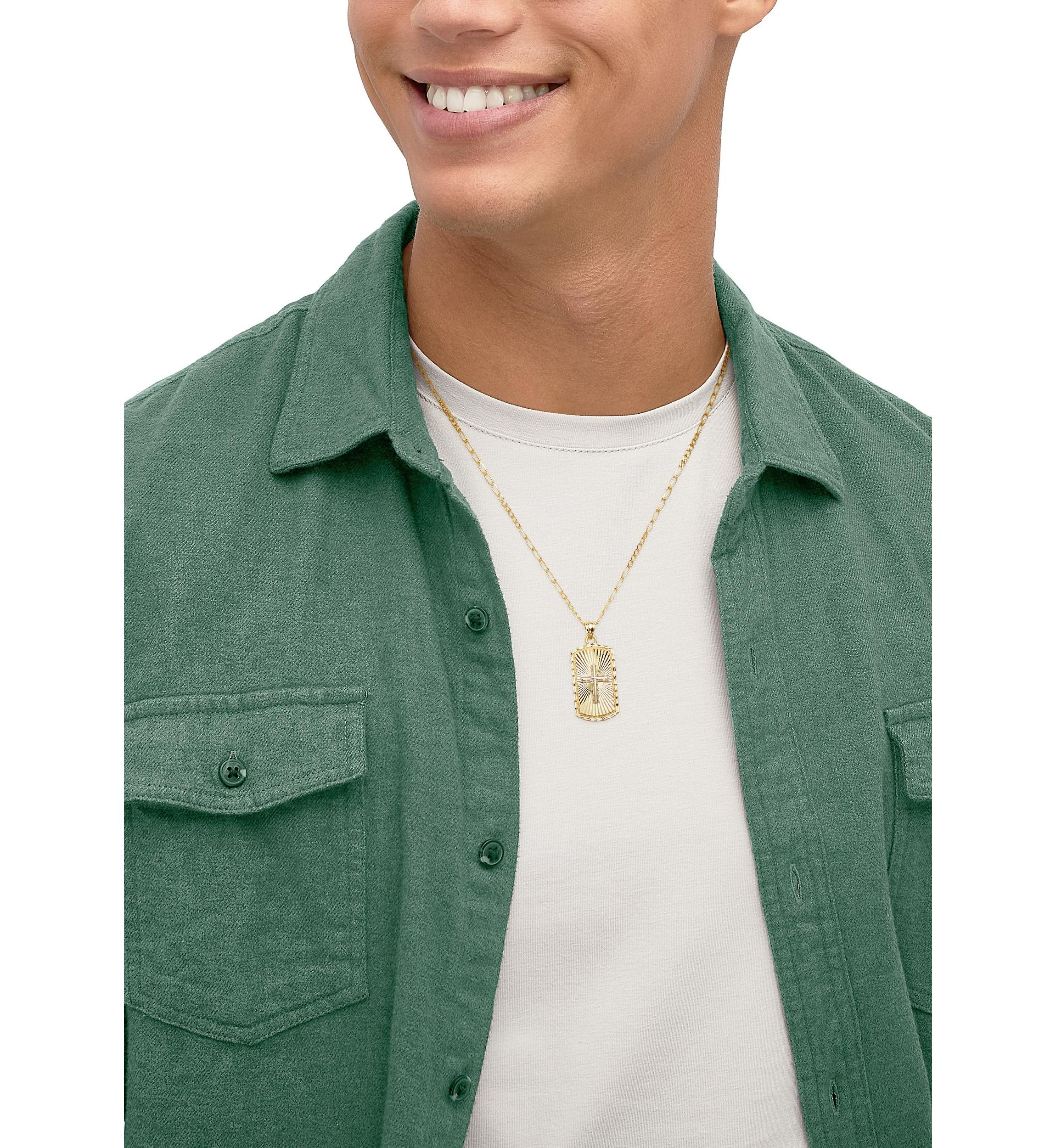 Center Cross Dog Tag with 20" Curb Chain in 10K Two Tone Gold