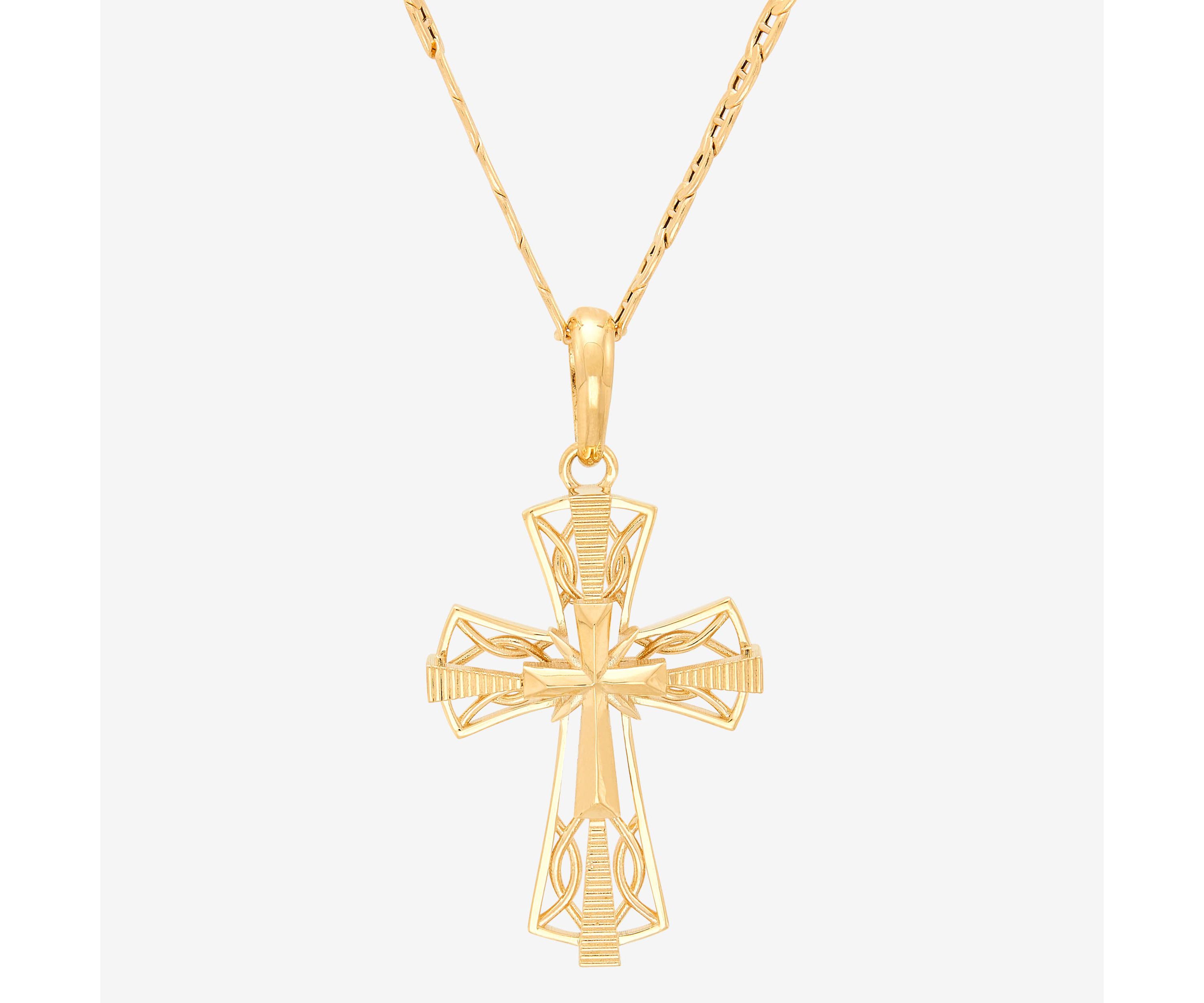 10K Yellow Gold Coin Edge Cross Pendant Necklace