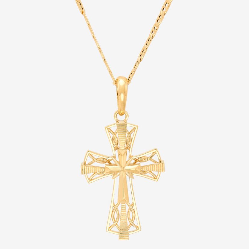 10K Yellow Gold Coin Edge Cross Pendant Necklace