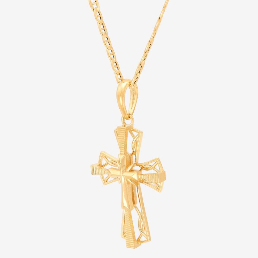 10K Yellow Gold Coin Edge Cross Pendant Necklace