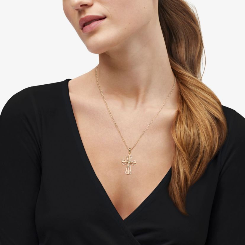 10K Yellow Gold Coin Edge Cross Pendant Necklace