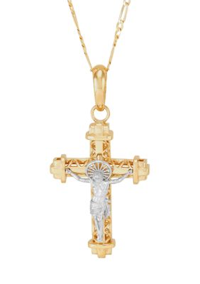 Belk & Co Men's Cross and Cage Crucifix Pendant with 20" Figaro Chain in 10K Two Tone Gold, 20 in