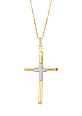 Belk & Co Tube Cross Pendant with 18" Box Chain in 10K Yellow and White Gold