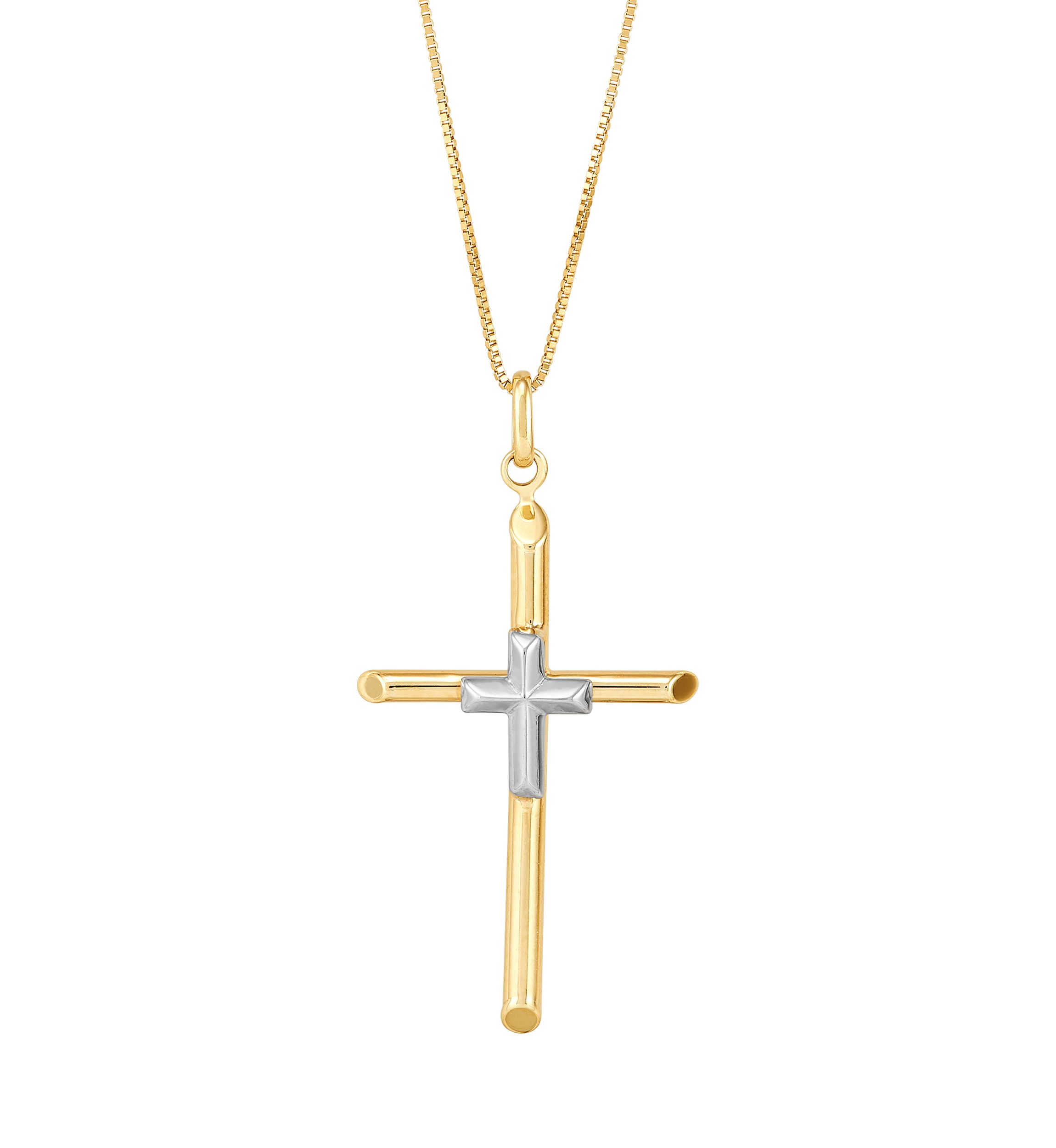 Tube Cross Pendant with 18" Box Chain in 10K Yellow and White Gold