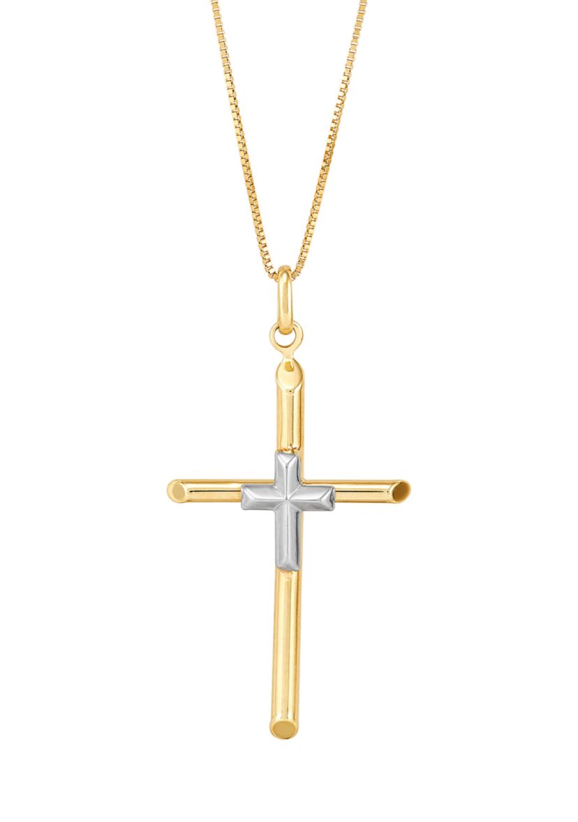 Tube Cross Pendant with 18" Box Chain in 10K Yellow and White Gold