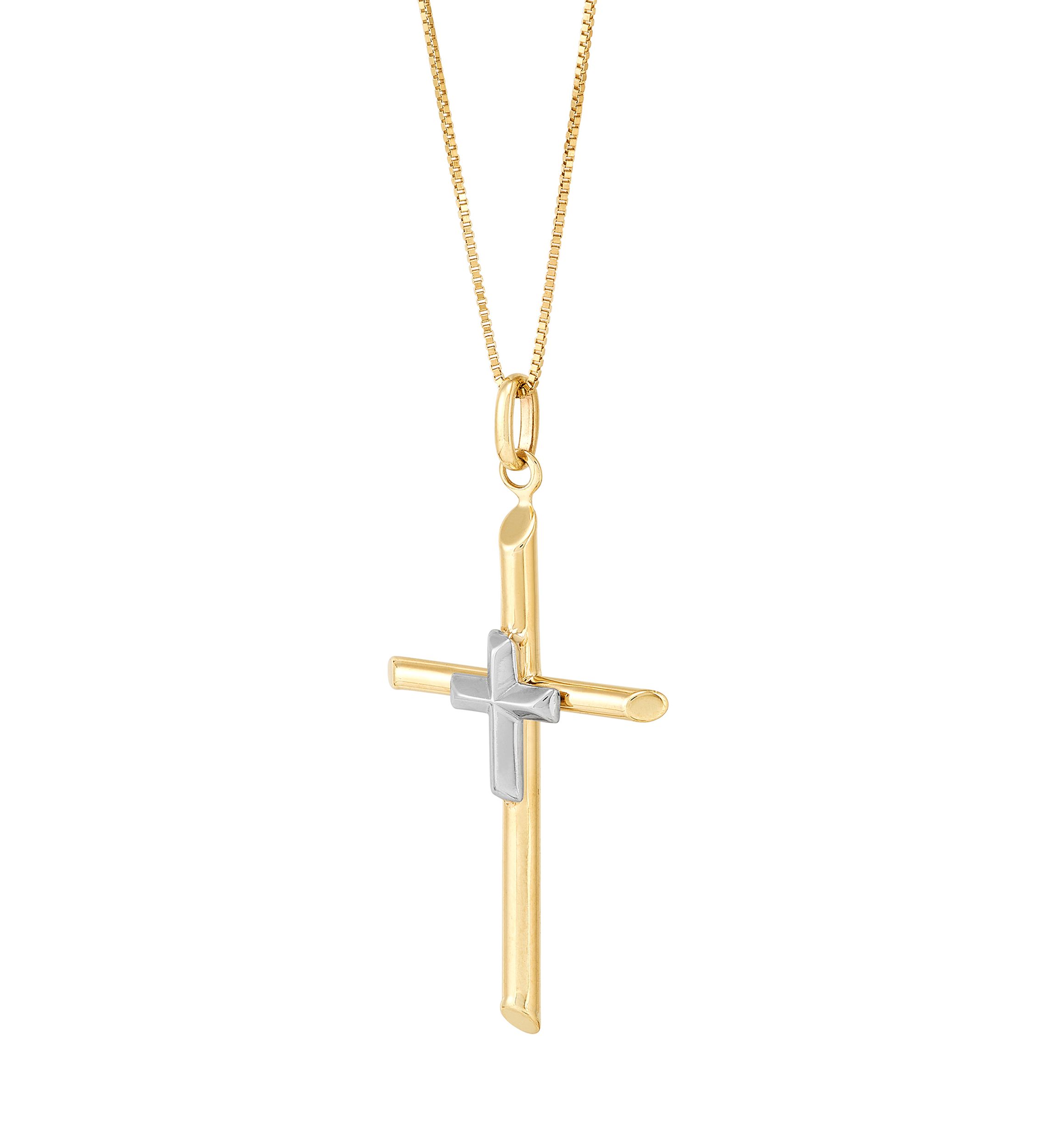 Tube Cross Pendant with 18" Box Chain in 10K Yellow and White Gold