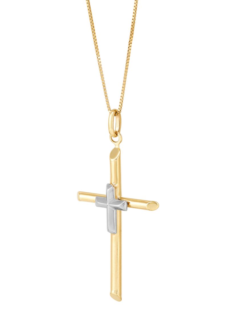 Tube Cross Pendant with 18" Box Chain in 10K Yellow and White Gold