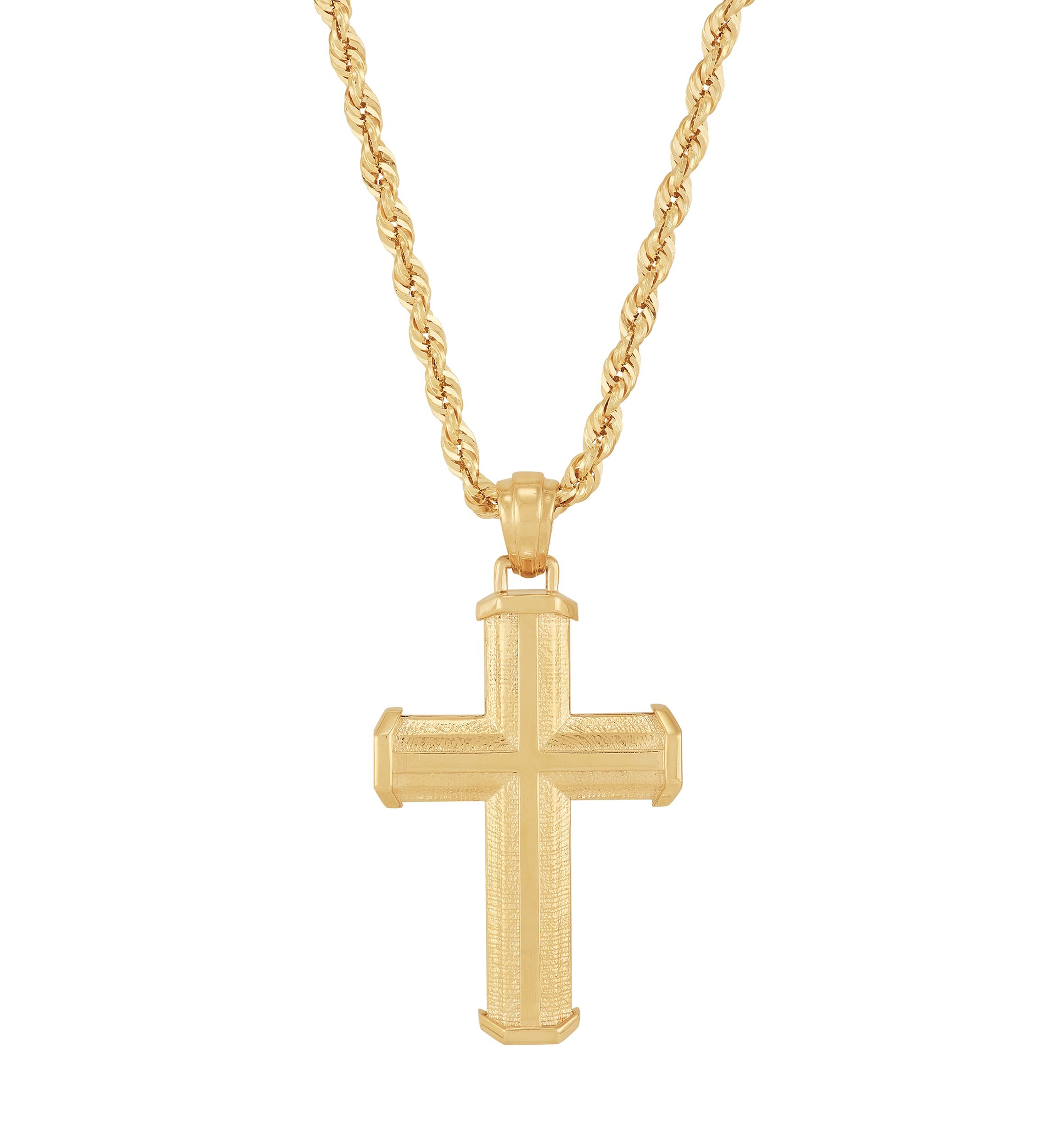 Beveled Step Cross Pendant with 20" Rope Chain in 10K Yellow Gold