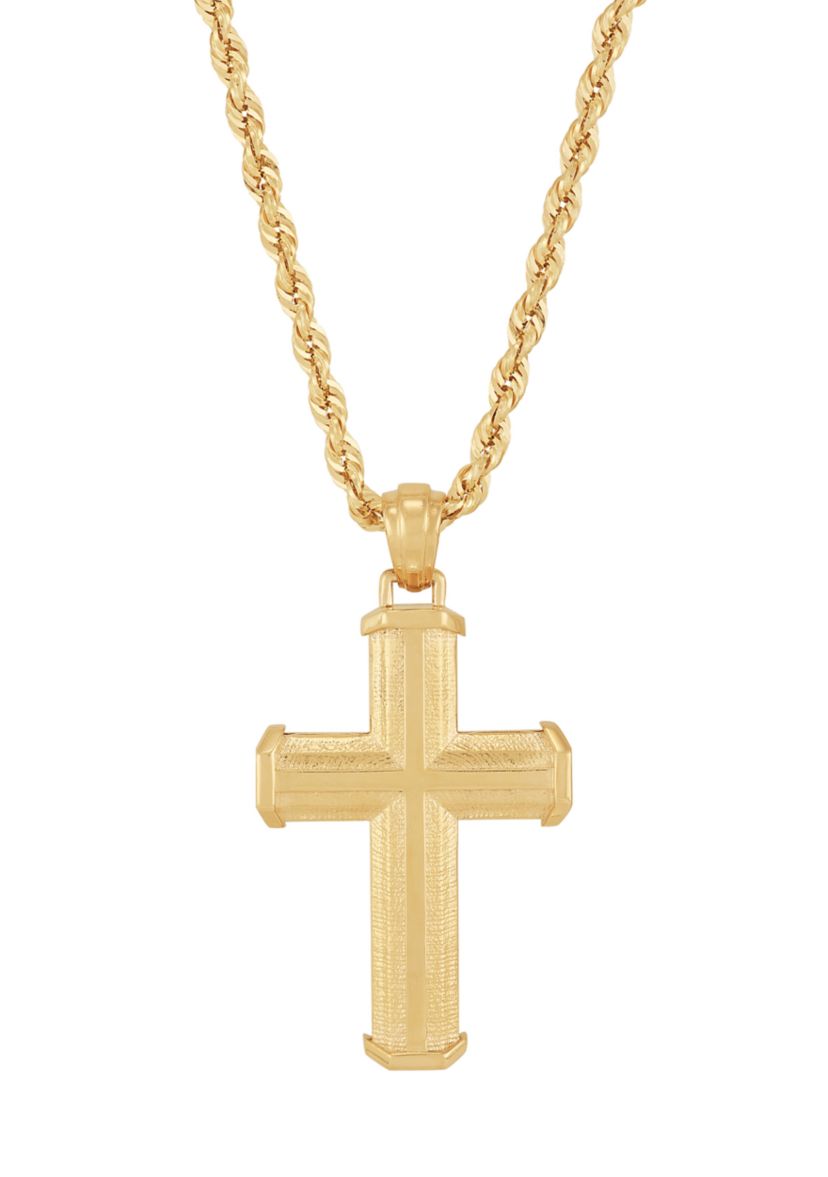 Beveled Step Cross Pendant with 20" Rope Chain in 10K Yellow Gold